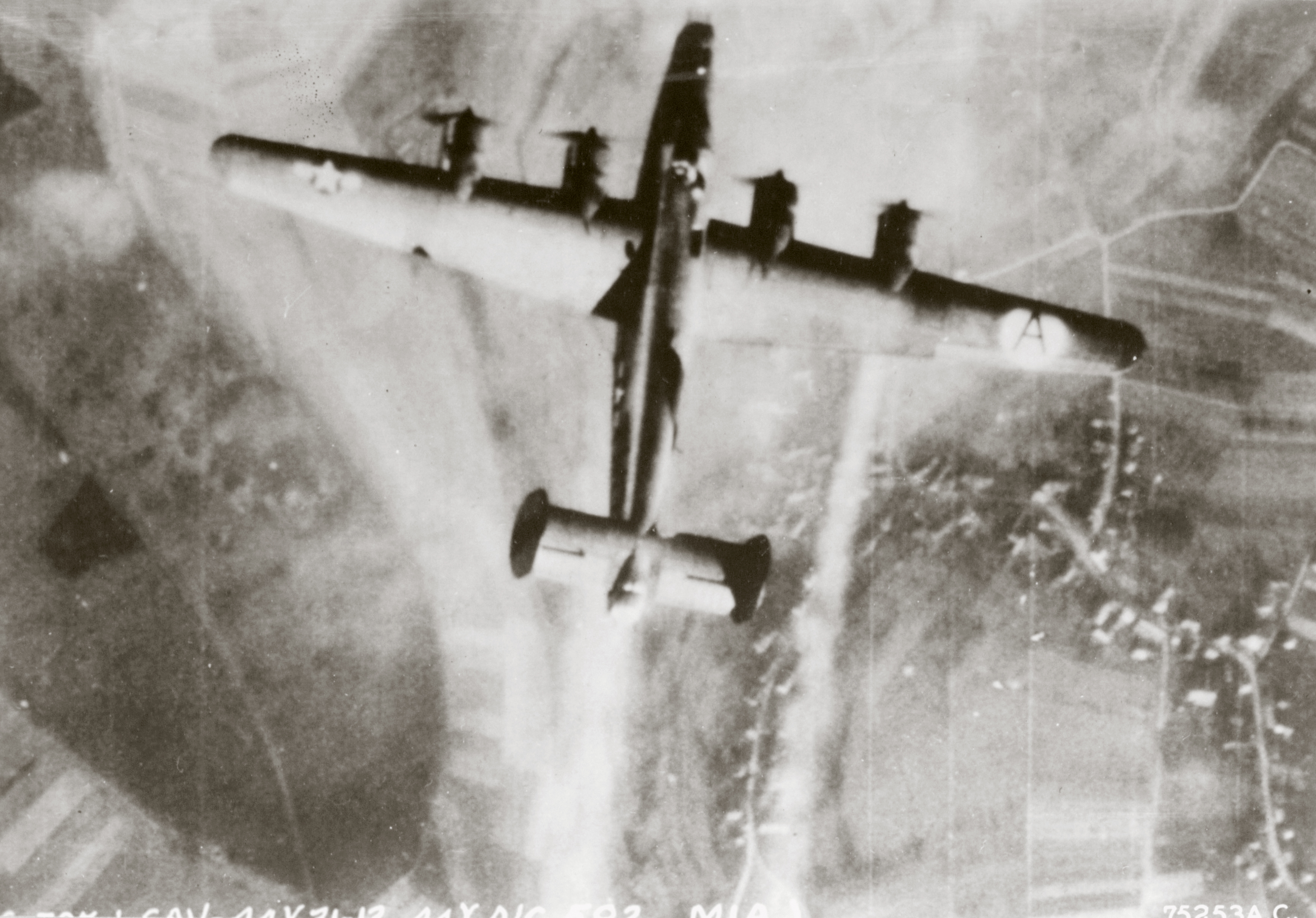 44-10582 B-24J Liberator 8AF 44BG68BS WQD going down over Kaiserslautern Germany 31st Dec 1944 01