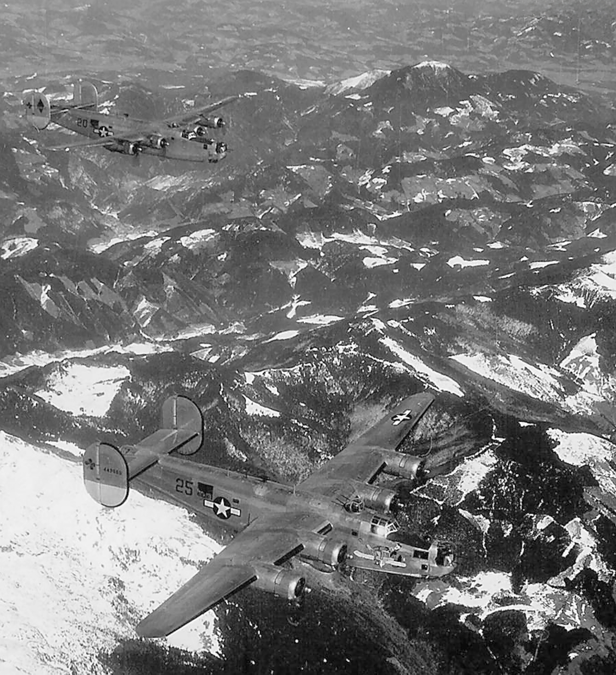Consolidated B-24 Liberator 15AF 454BG741BS 25 and 20 flying in close formation during a mission over Nazi held Europe 1944 01