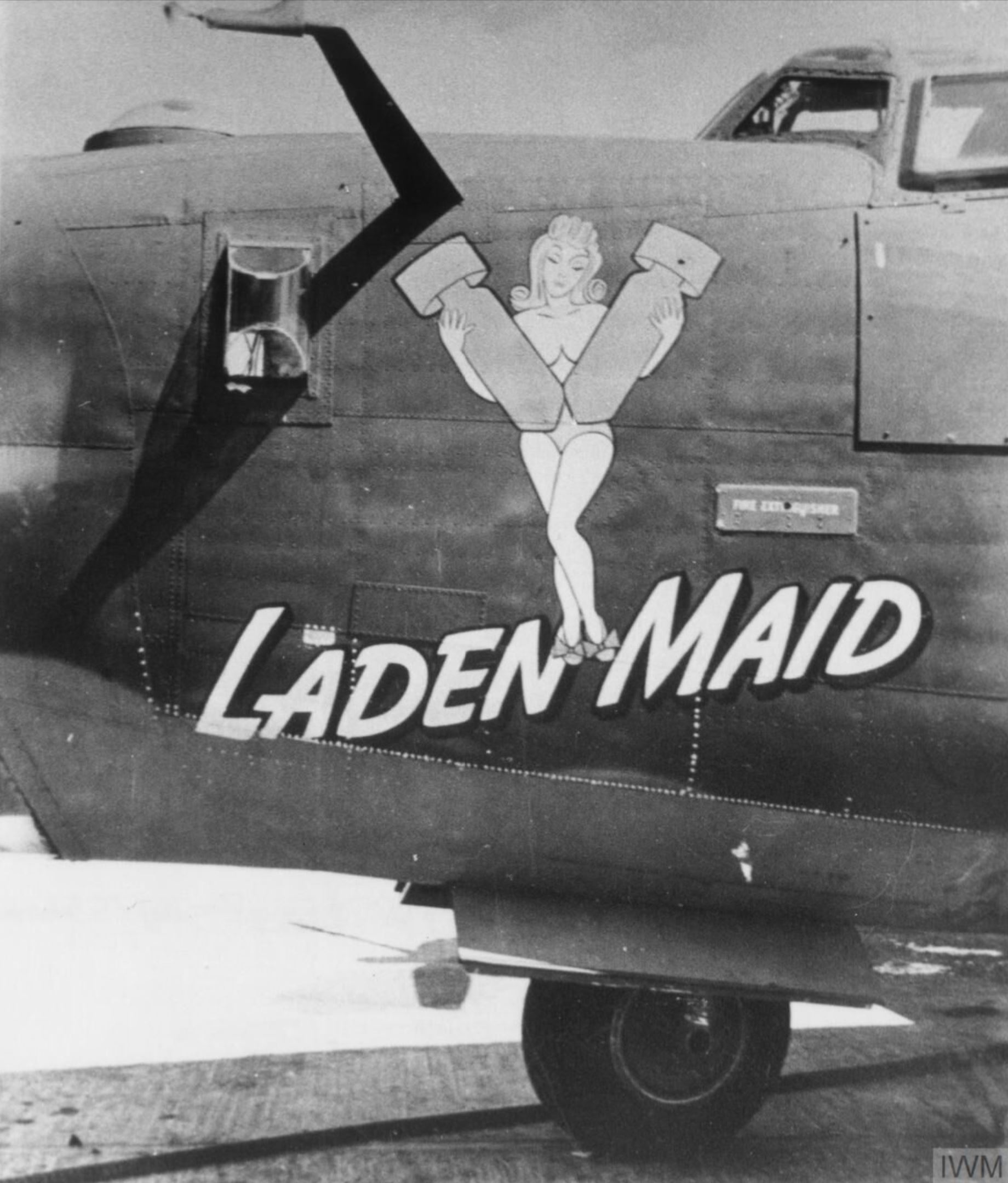42-52560 B-24H Liberator 8AF 466BG786BS U8K Laden Maid nose art left side 5th Oct 1944 FRE1937