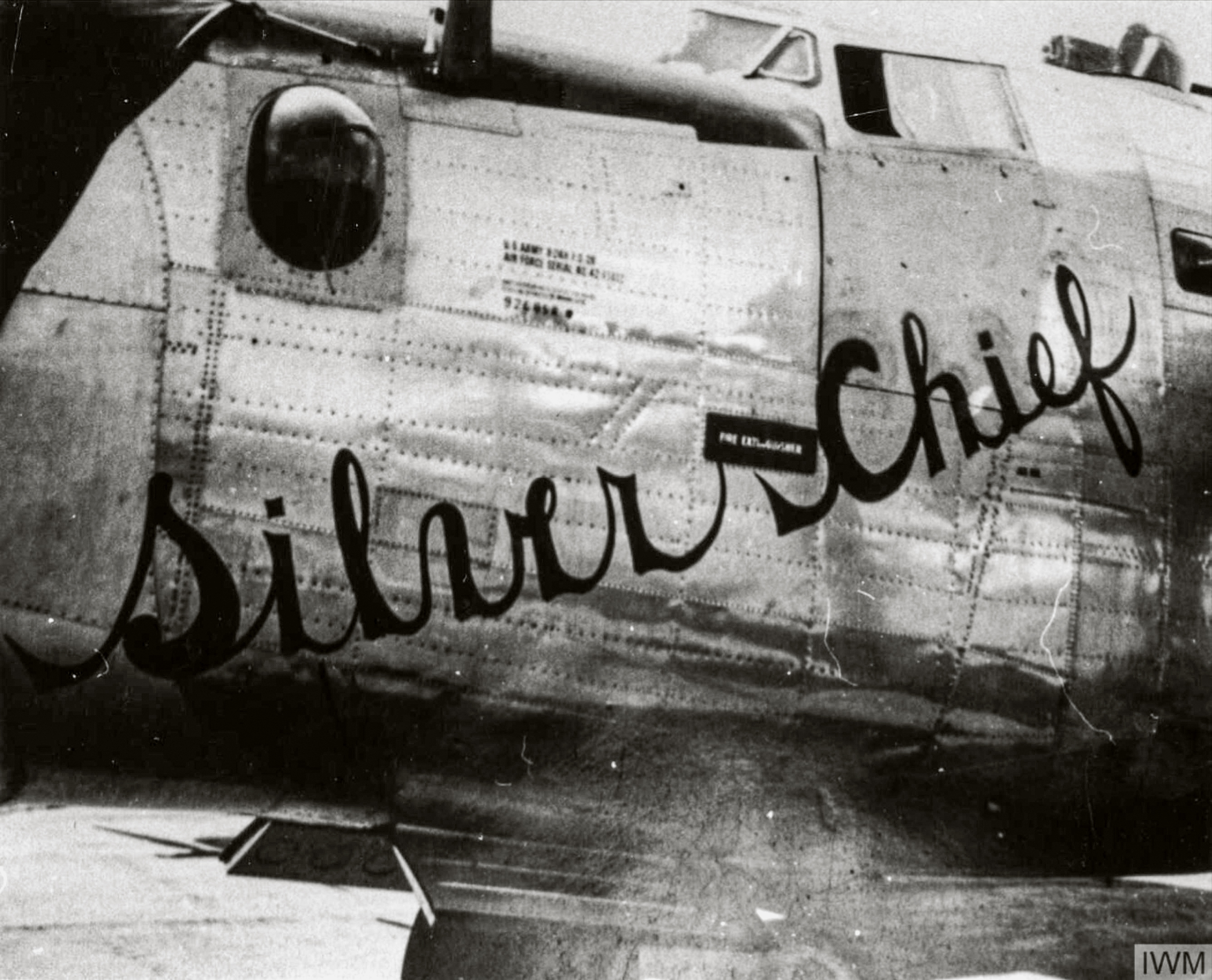 42-95032 B-24H Liberator 8AF 467BG789BS 791BS Silver Chief nose art left side FRE8458