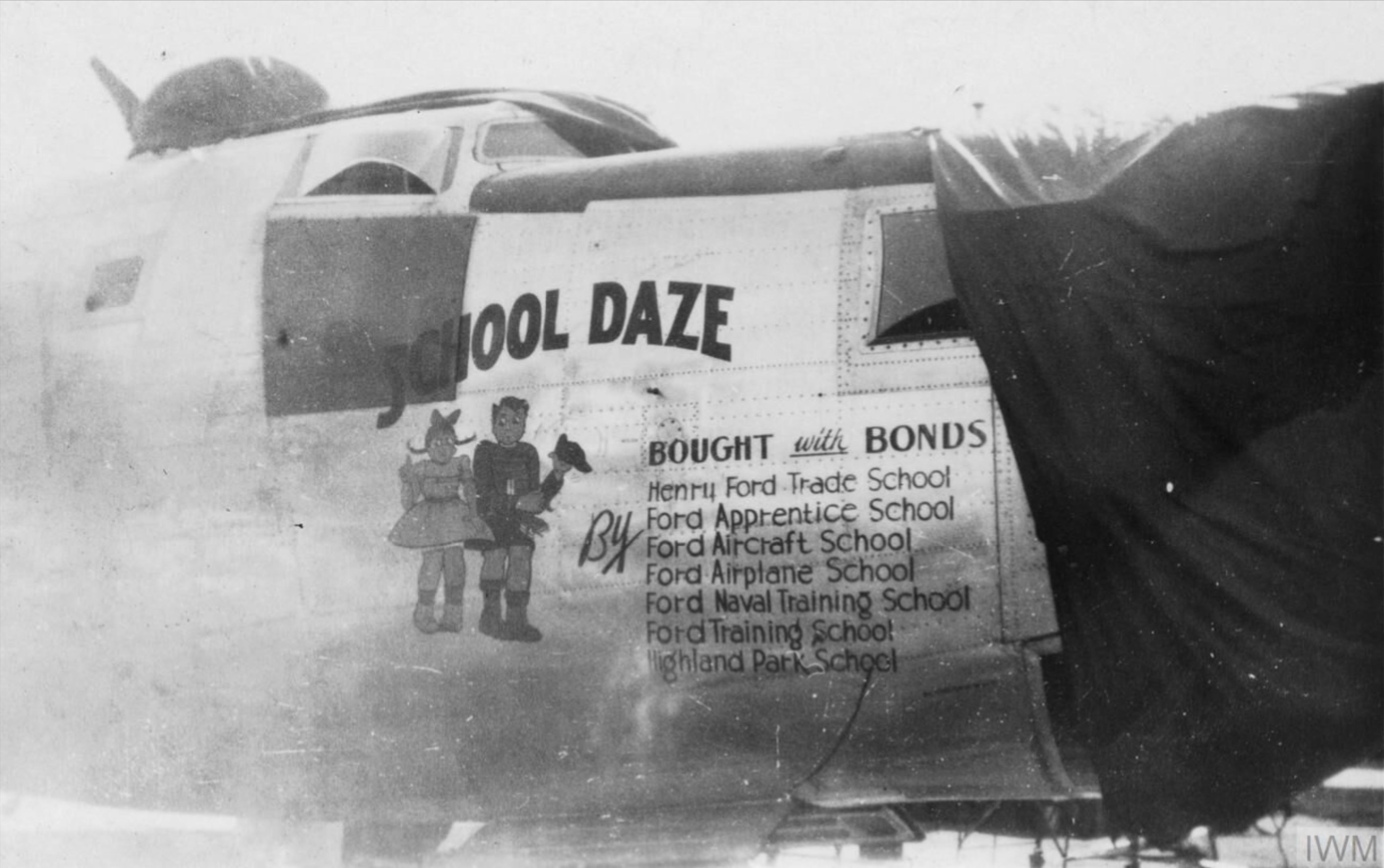 44-50250 B-24L Liberator 8AF 467BG791BS 4ZE School Daze nose art right side at Rackheath FRE1981