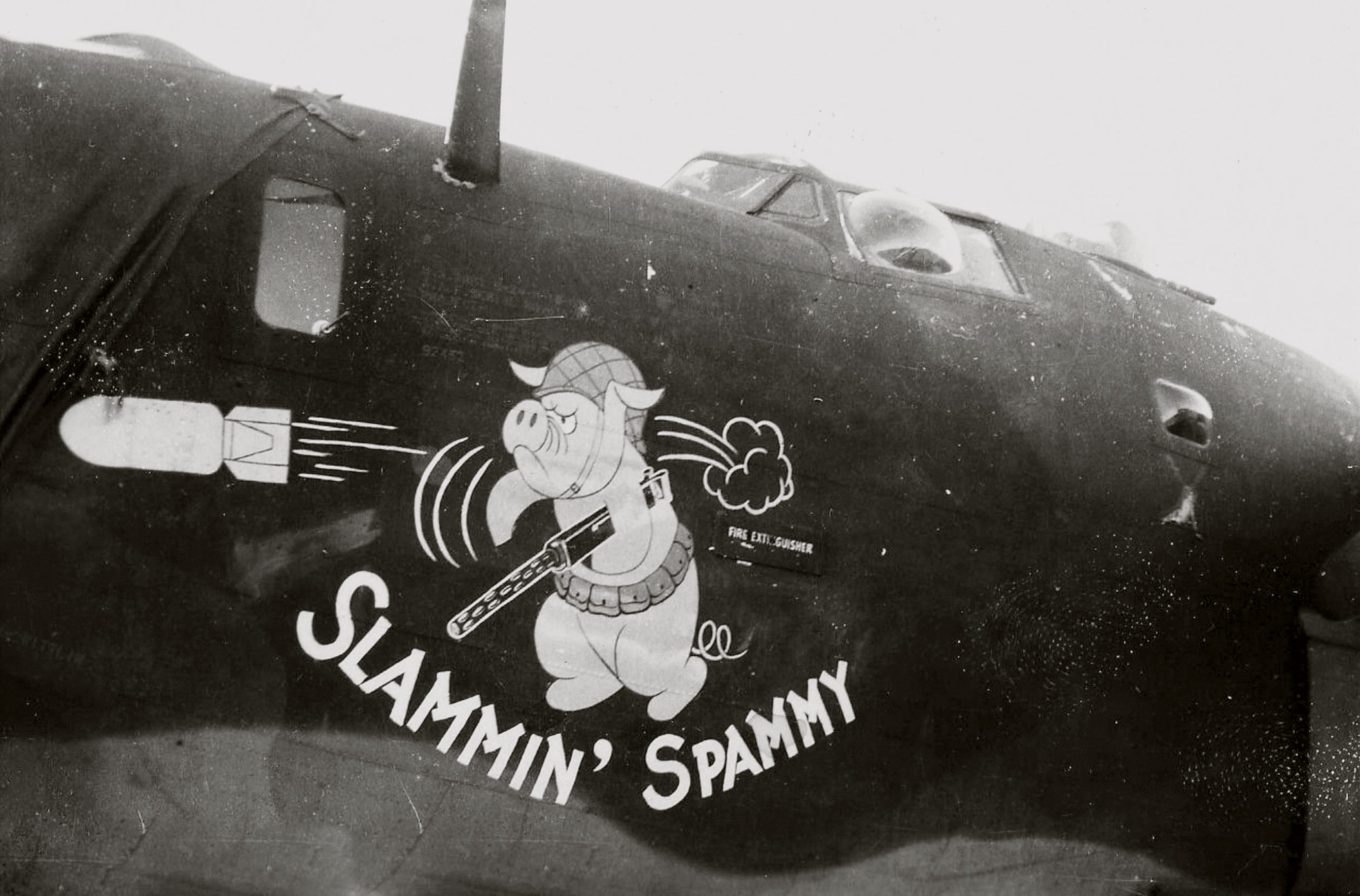42-52637 B-24H Liberator 8AF 486BG833BS 4NT Slammin' Spammy nose art left side Sudbury England 1944 02