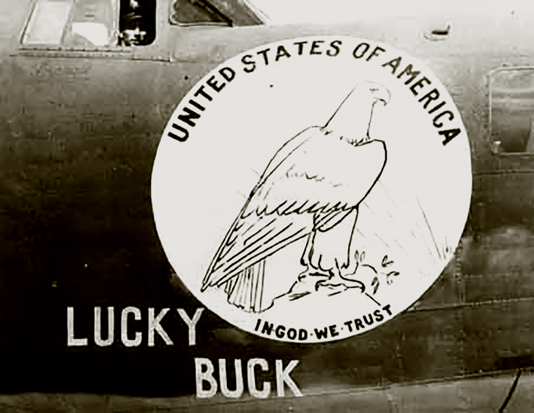 42-110158 B-24J Liberator 8AF 491BG852BS 3QI Lucky Buck aka USA In God We Trust nose art right side England 1944 01