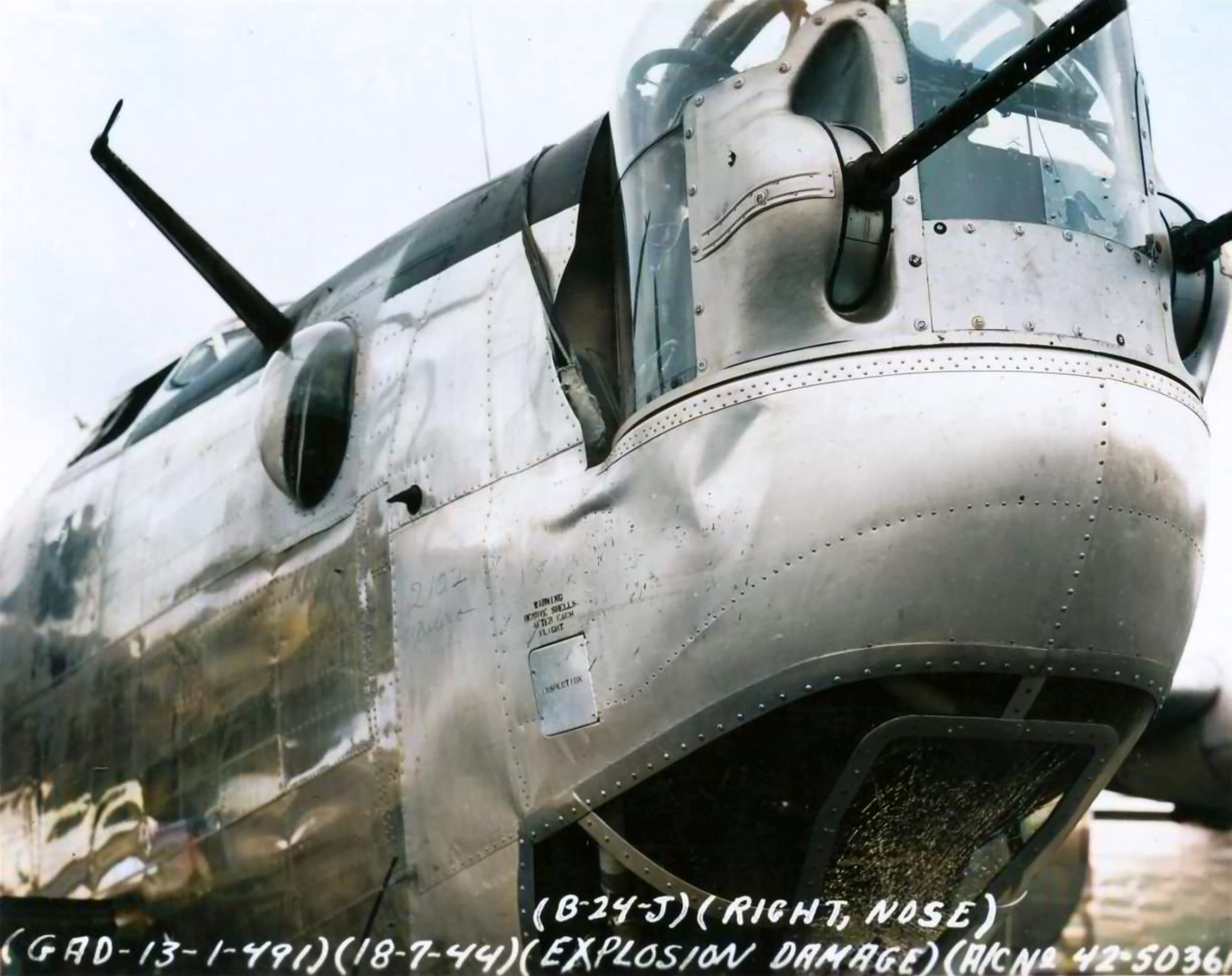 42-50361 B-24H Liberator 8AF 491BG853BS T8x damaged in the bomb dump explosion at Metfield England 15th July 1944 01