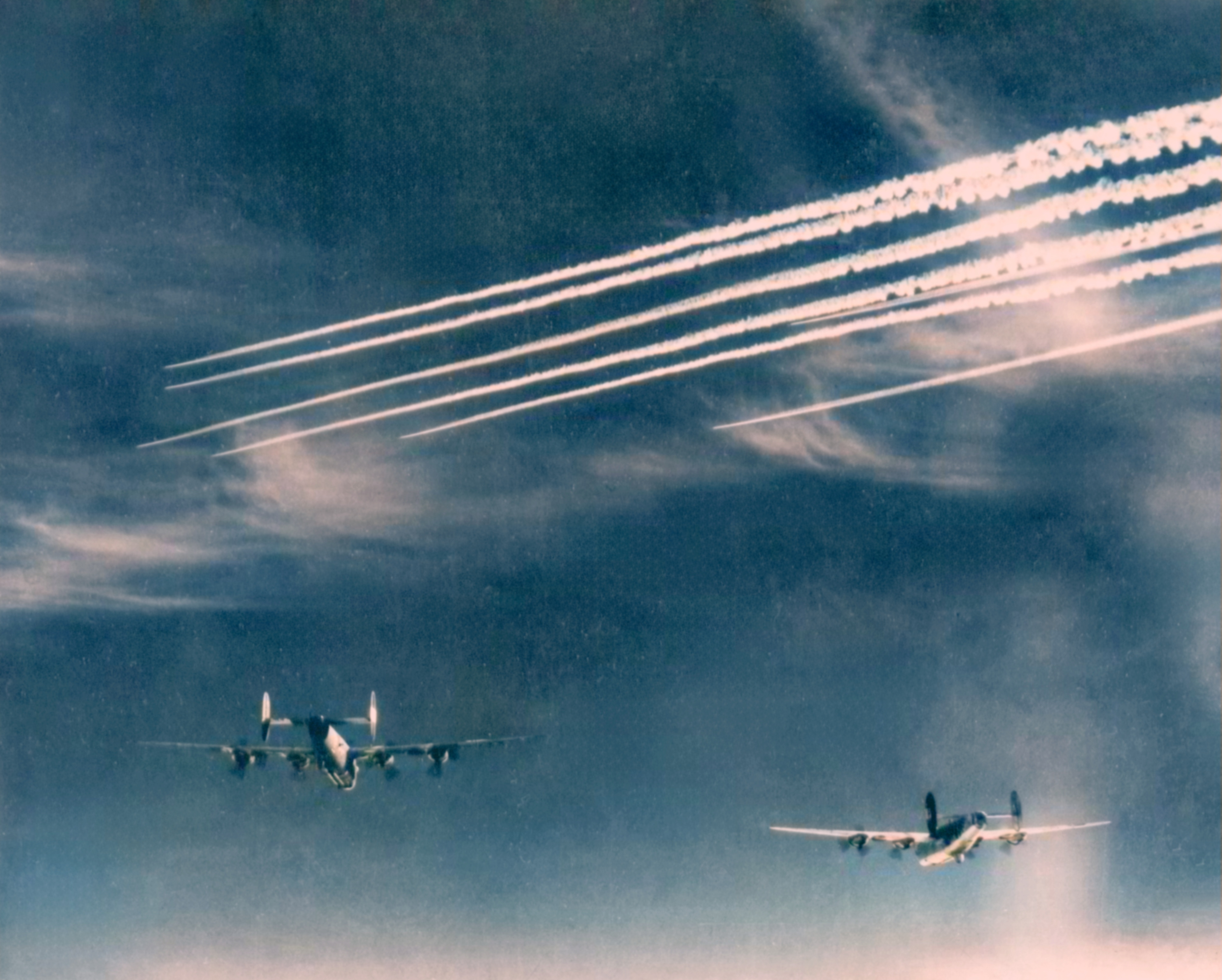 USAAF 8AF B-24 Liberator 491BG being escorted by fighters to their target in Cologne France 1944