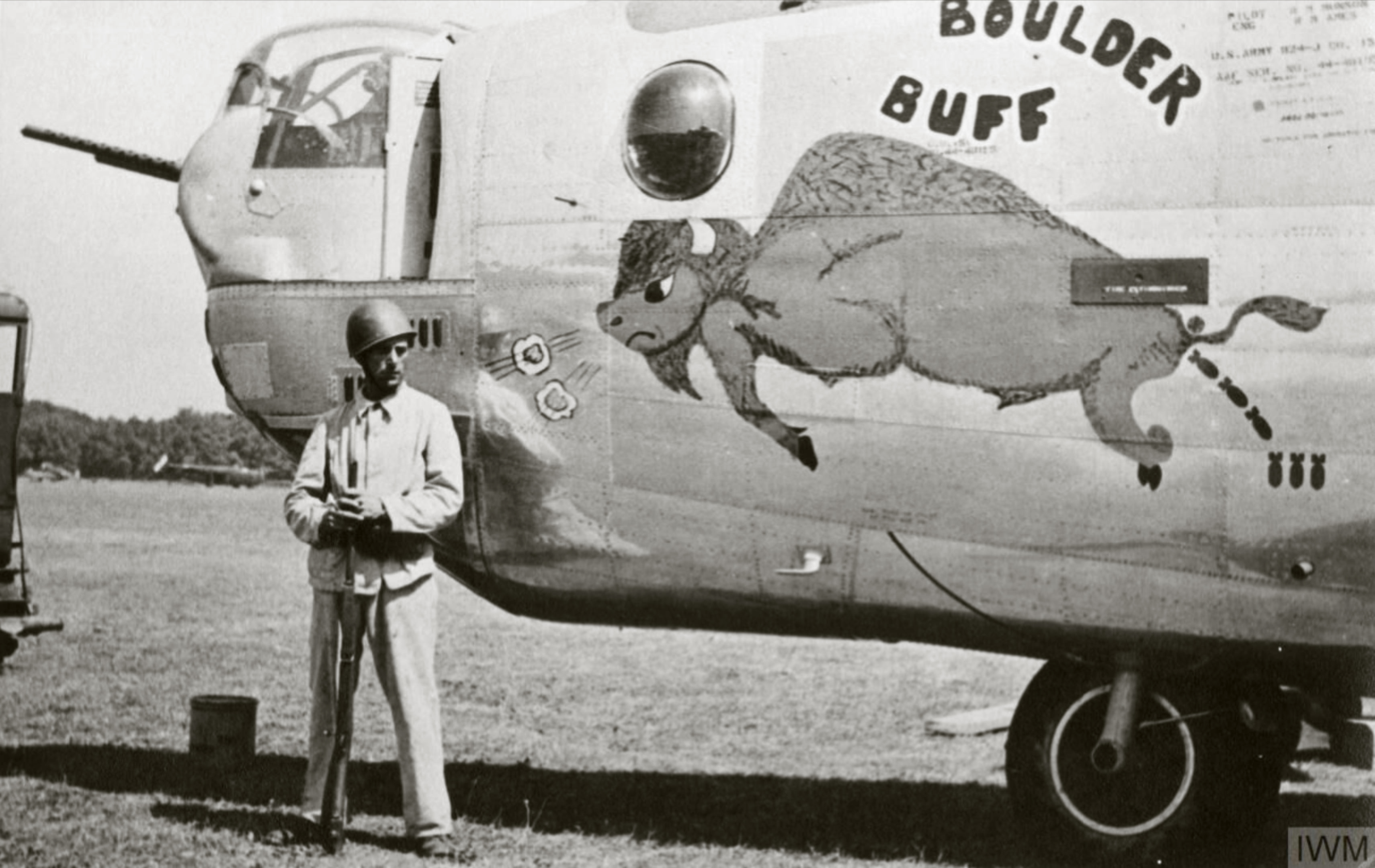44-40195 B-24J Liberator 8AF 492BG858BS 9AJ Boulder Buff nose art left side in Sweden FRE2136