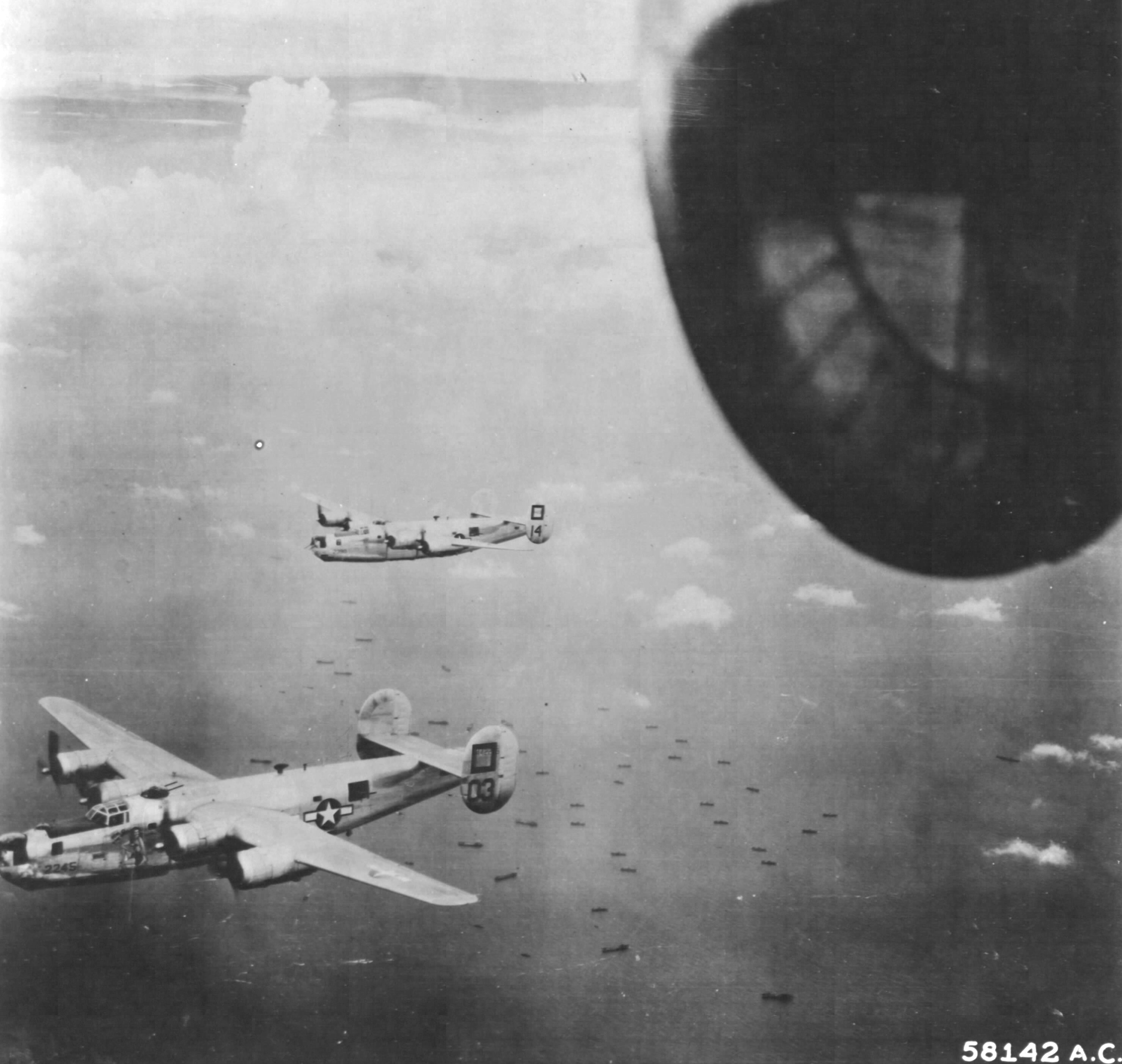 44-42245 B-24M Liberator 7AF 13AF FEAF 5BG23BS Top o' the Mark in formation SOPAC 1945 01