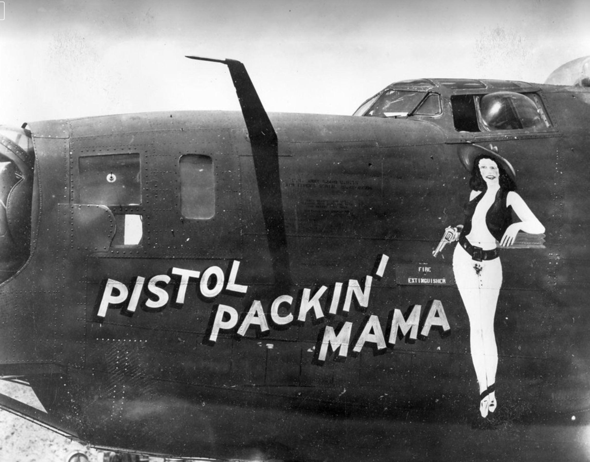 42-40954 B-24D Liberator 5AF 90BG321BS Pistol Packin' Mama nose art left side 01