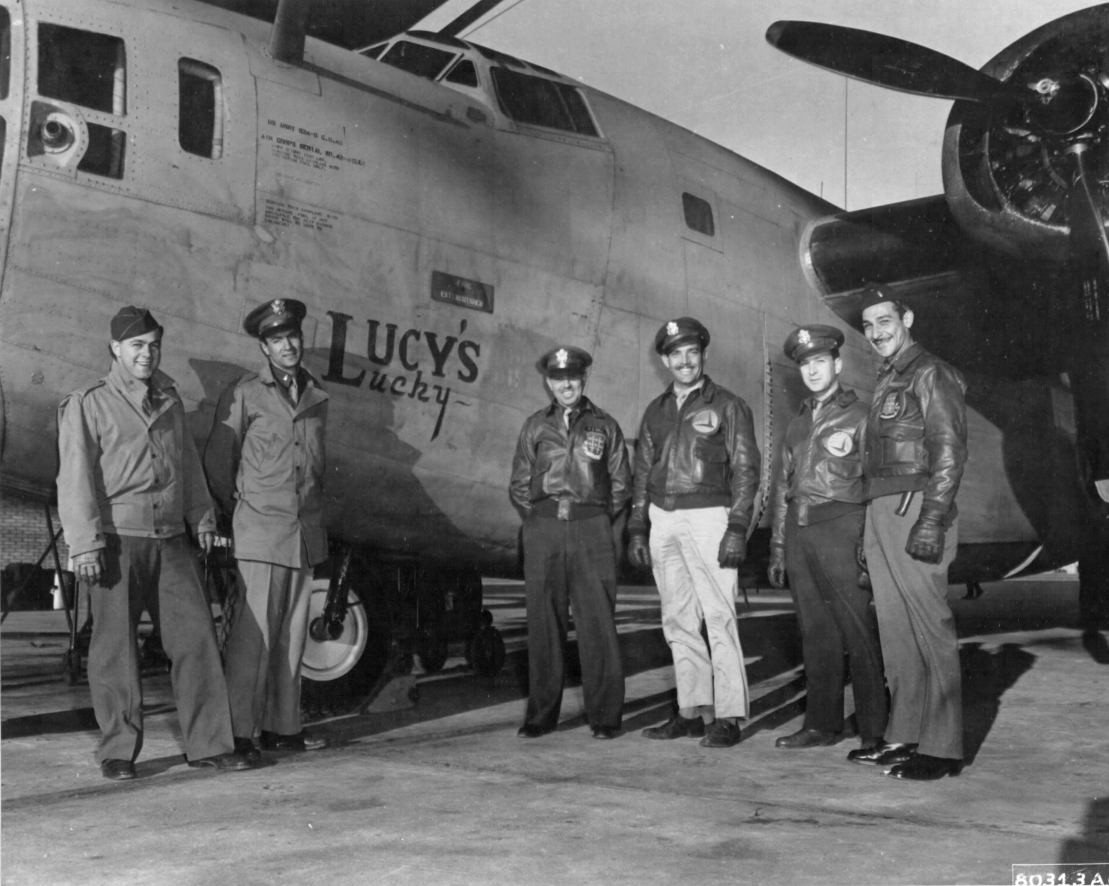42-40320 B-24D Liberator 9AF 98BG345BS Q Lucy's Lucky nose art left side Egypt Nov 1942 01