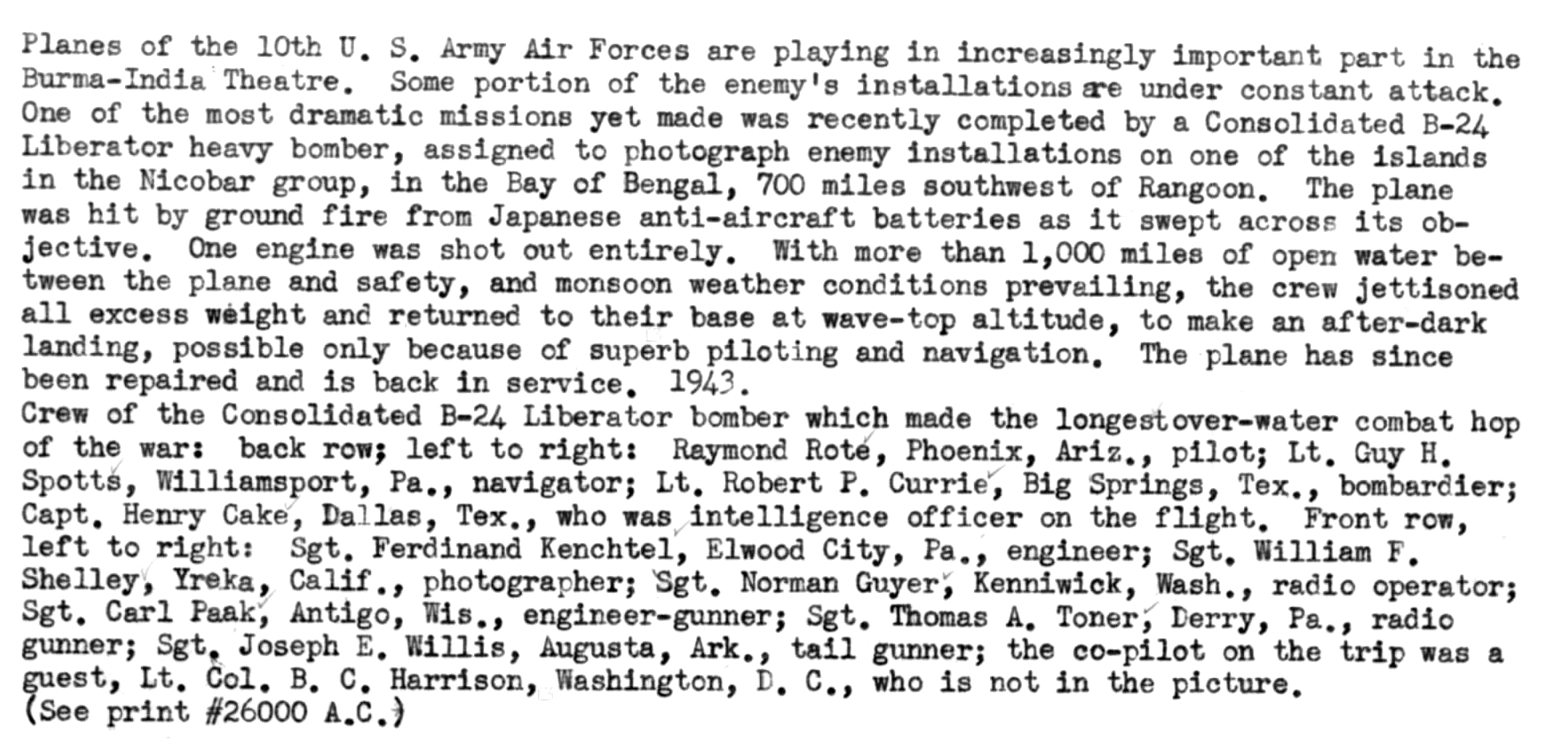 Consolidated B-24 Liberator 10AF longest over water combat mission of the war with her crew India 20th Nov 1943 02