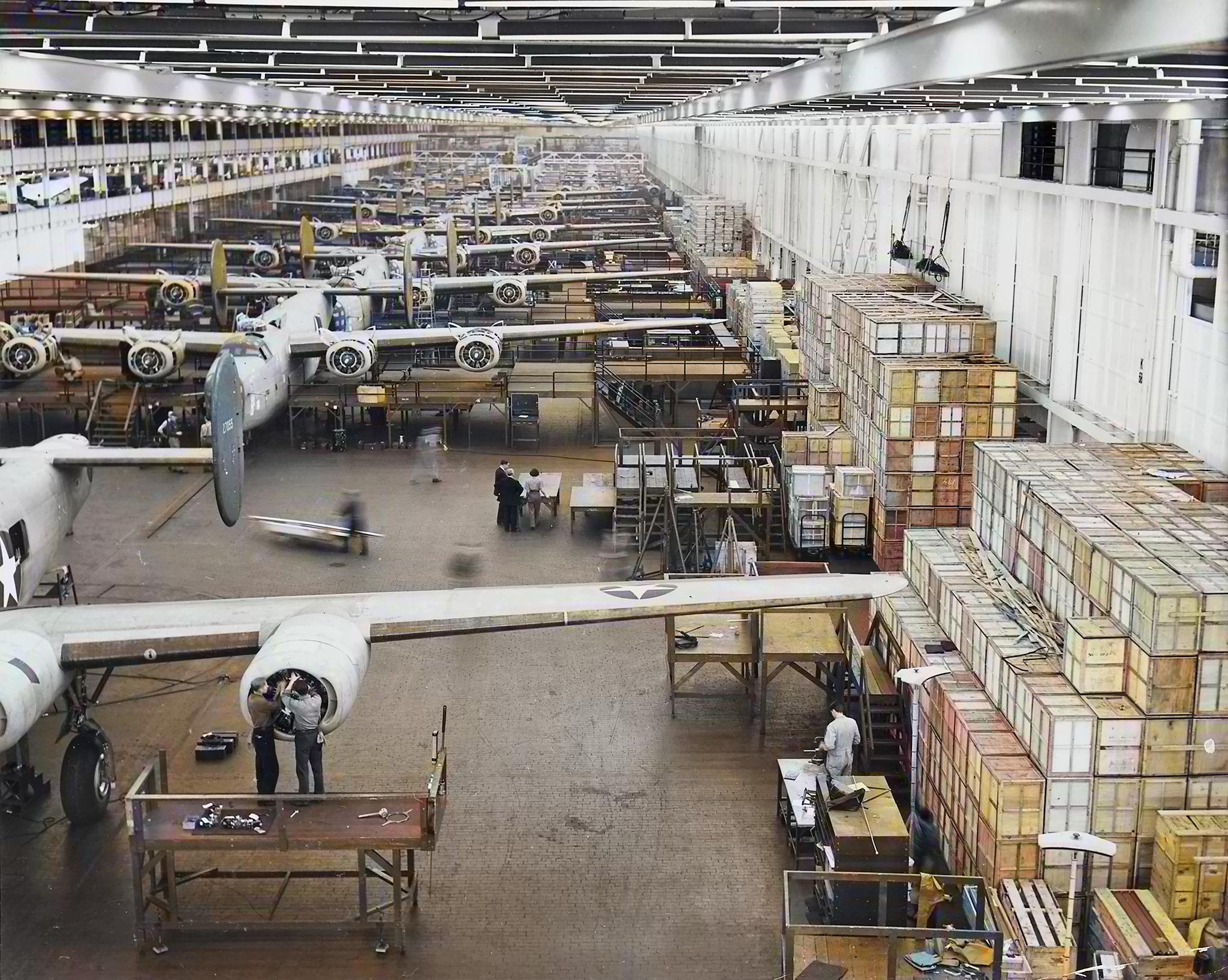 Looking up one of the assembly lines at Ford's big Willow Run plant where B-24E Liberator bombers are being made 1942 01