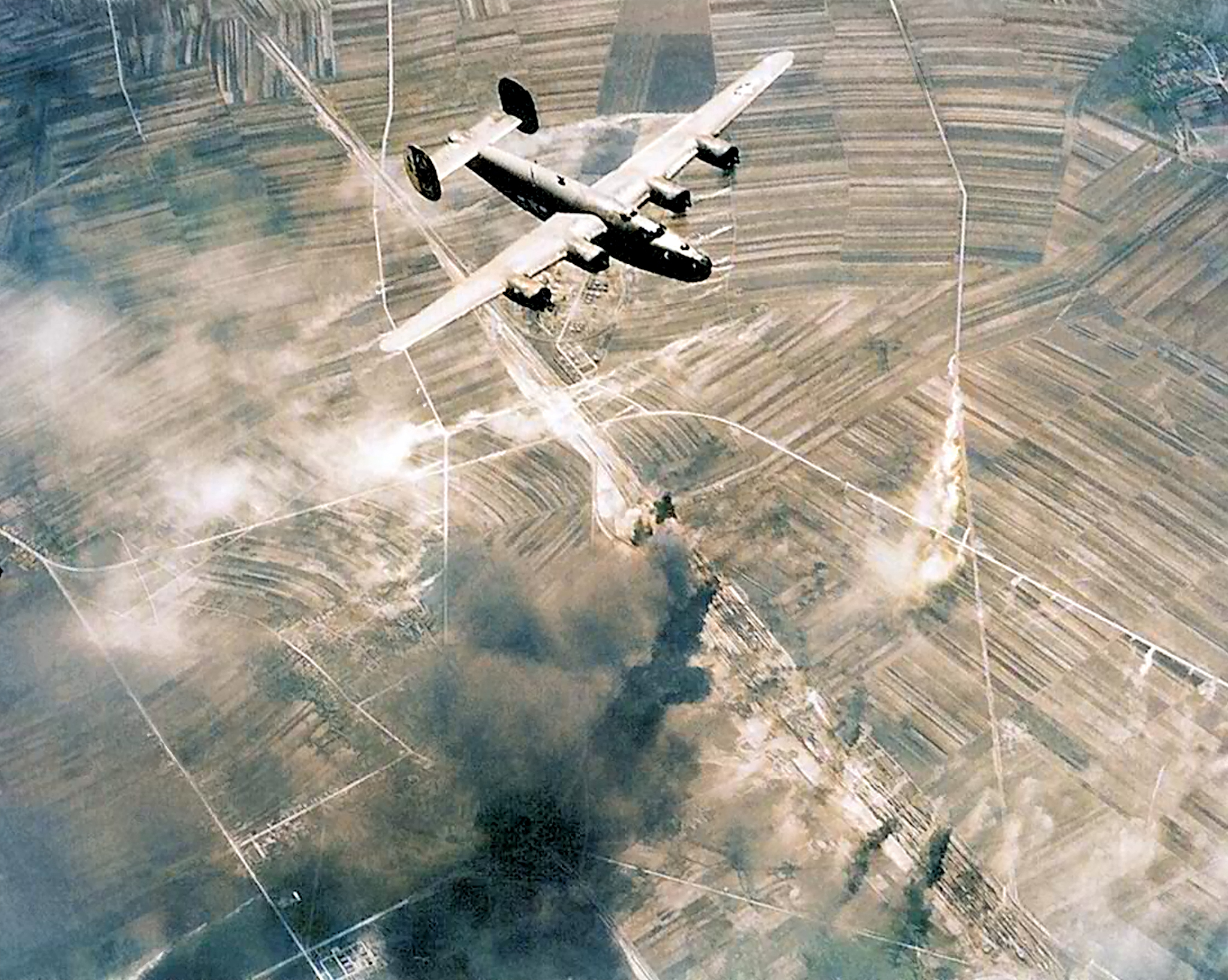 Target 15th Air Force 55BW B-24 Liberator over a enemy rail yard instillation ASC1