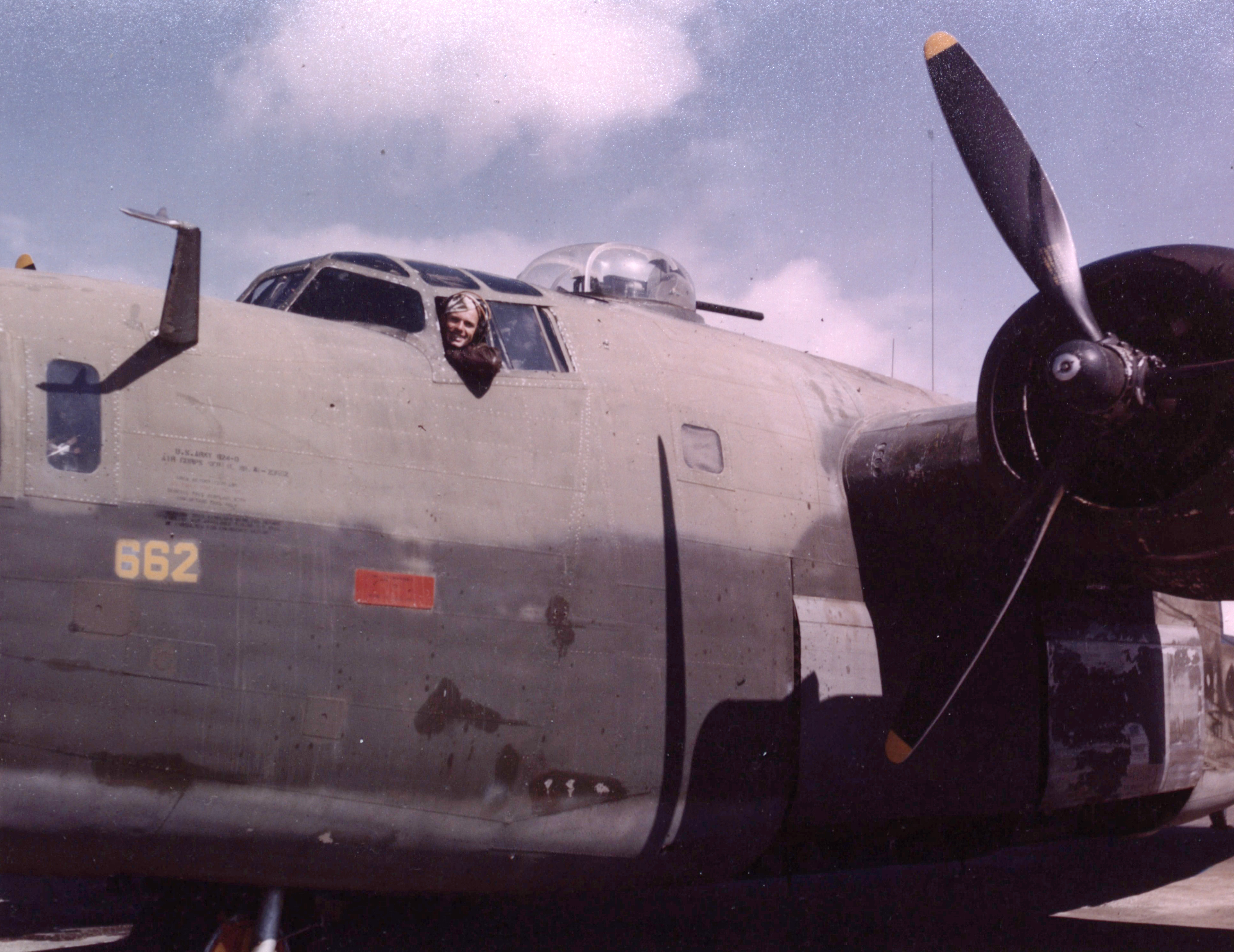 Aircrew USAAF Lt HB Stone in the cockpit of a Consolidated B-24 Liberator in Panama NA132