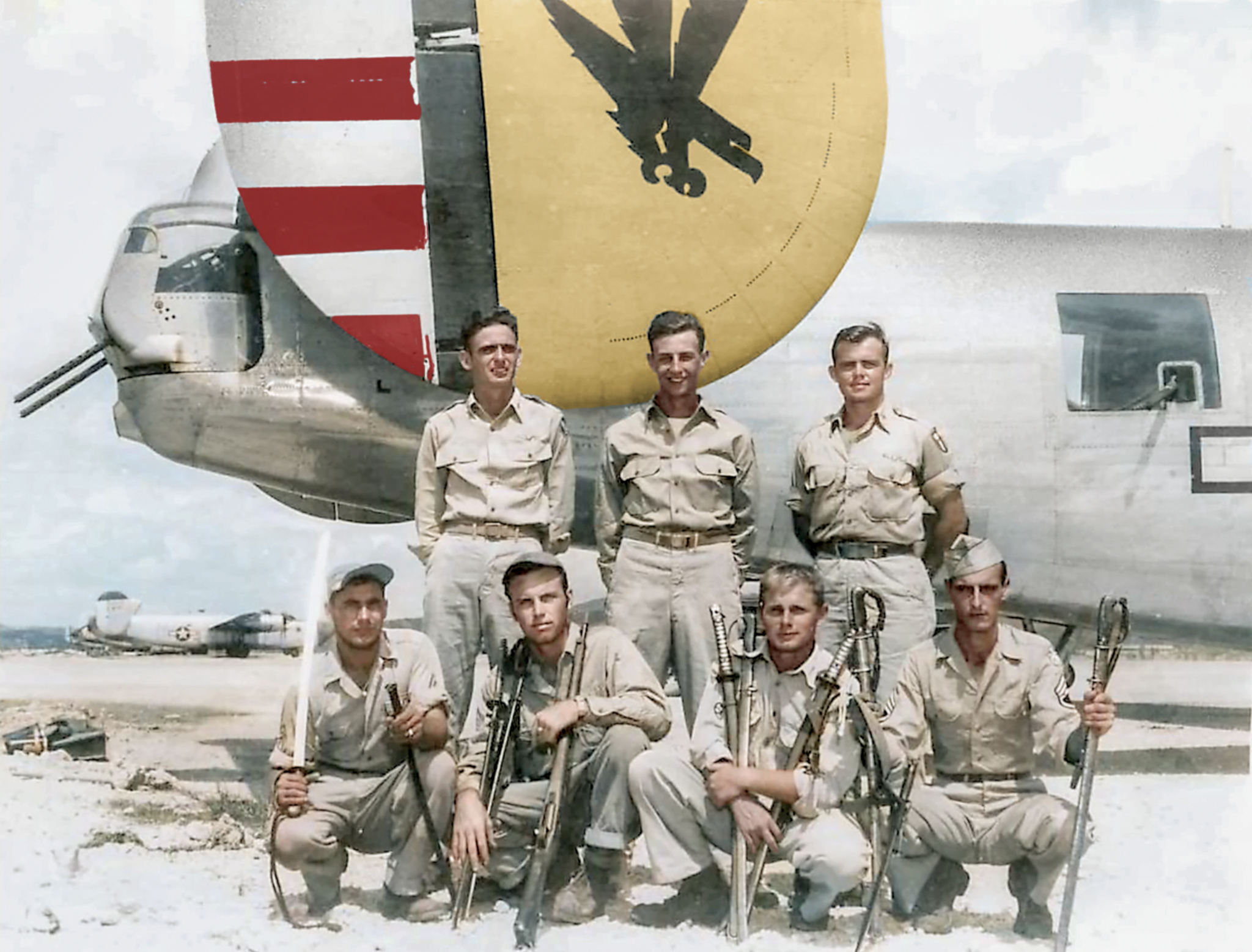 Consolidated F-7A Liberator 5AF 6PRG20CMS crew with Japanese sword gun souveniers from Okinawa 1945 01