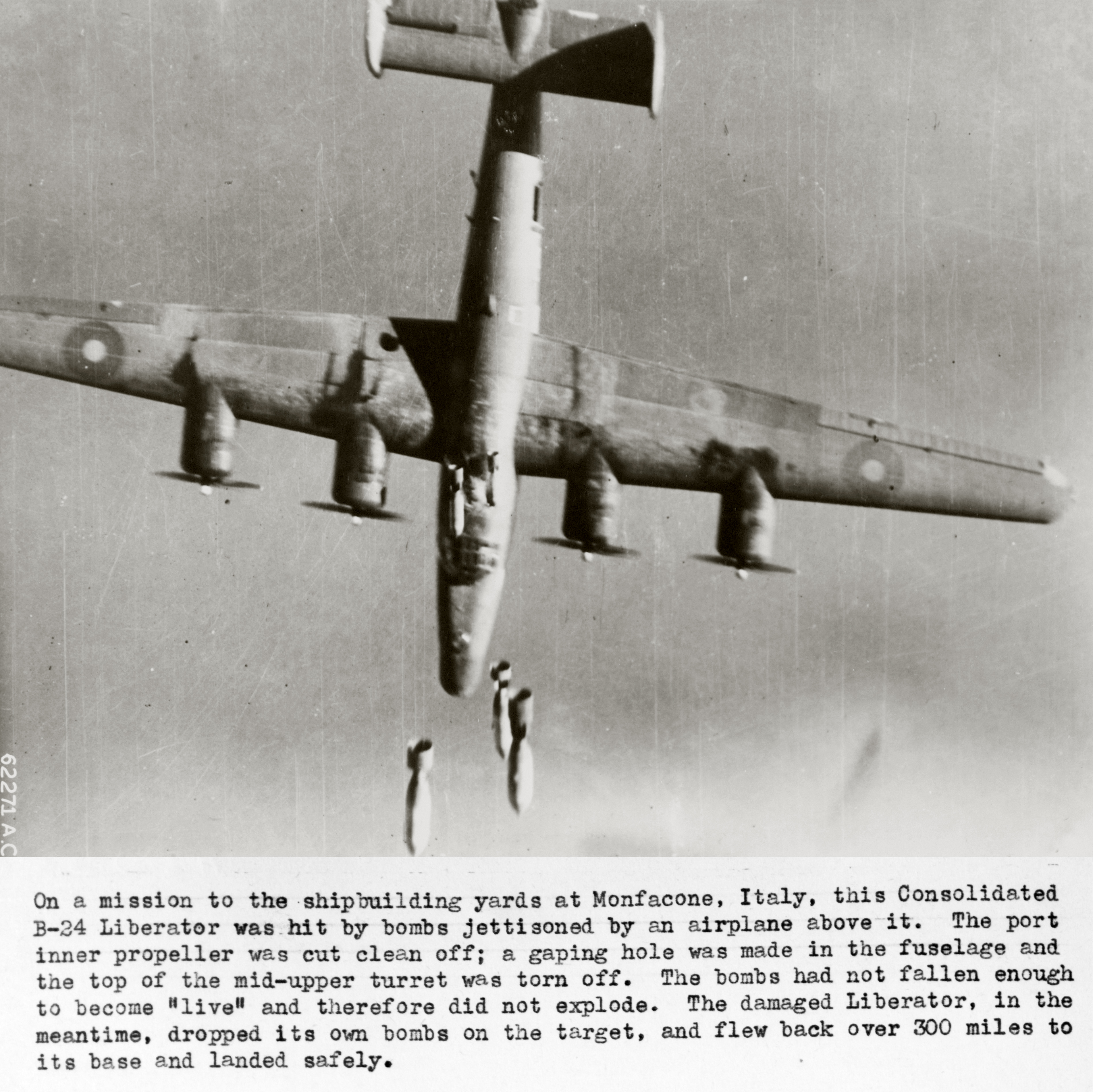 FMS Liberator hit by falling bombs when over the Ship building Yards at Monfacone Italy 01