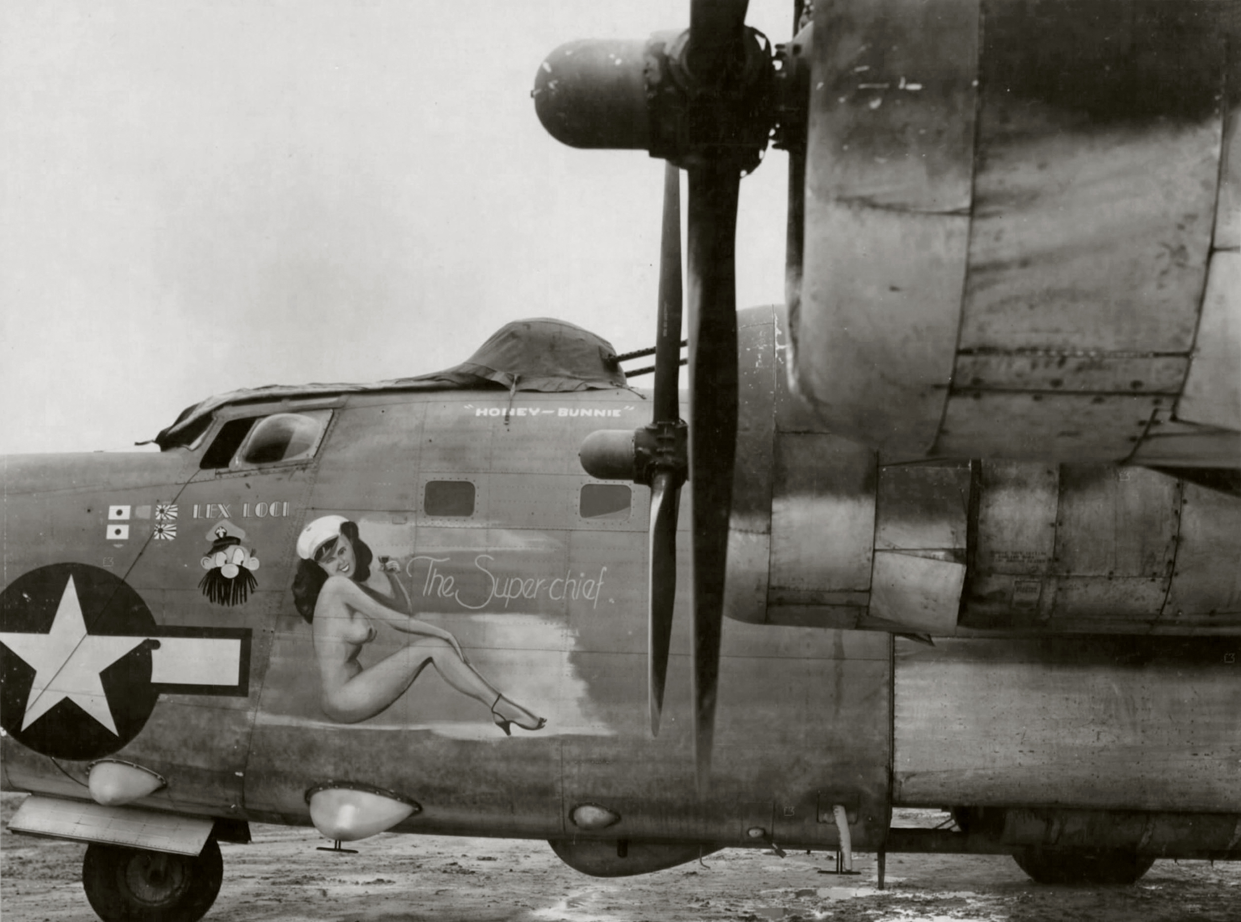 US Navy Consolidated PB4Y-2 Privateer of VPB-106 named The Super Chief nose art left side at Palawan 29th July 1945 01