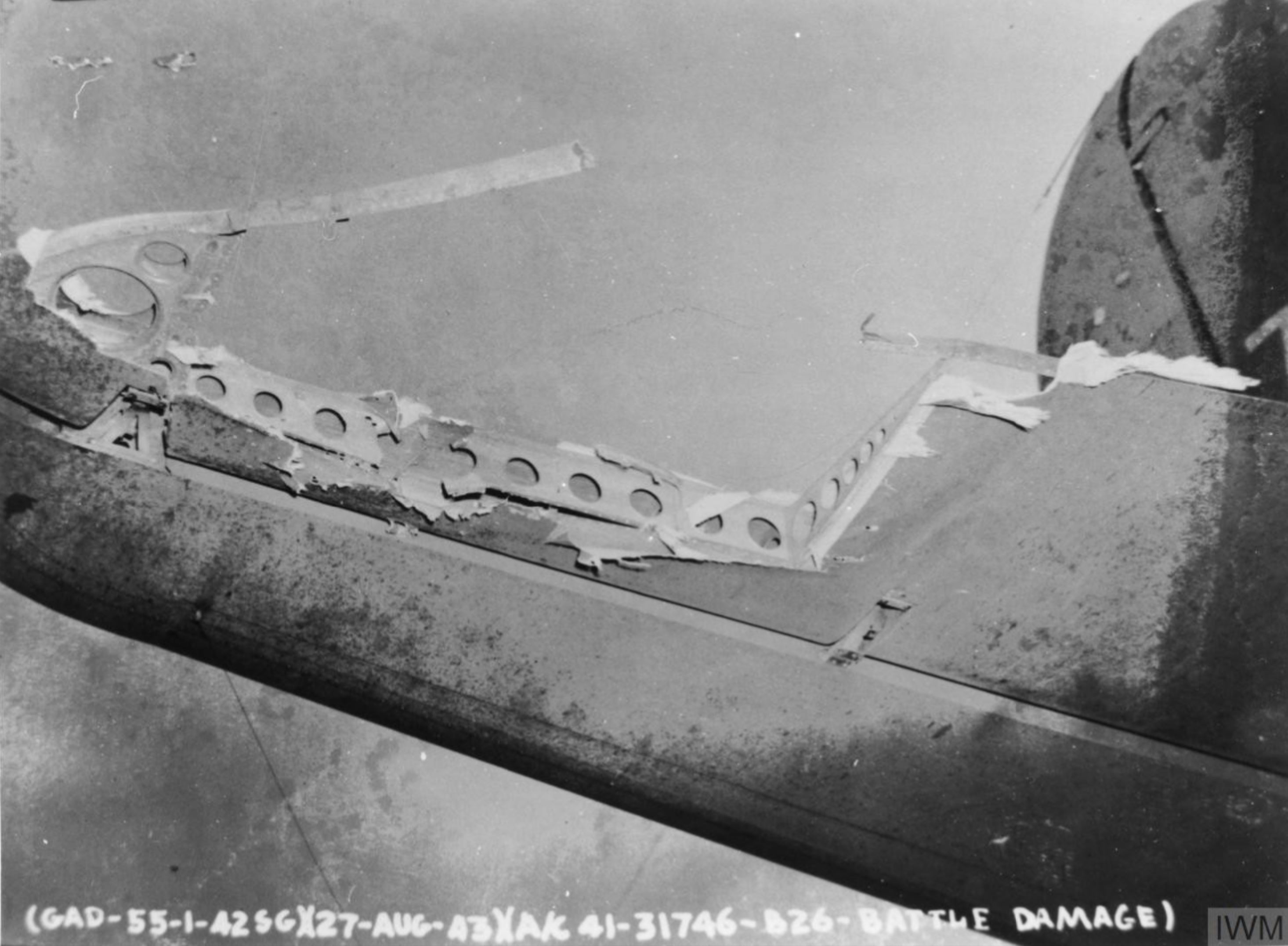 41 31746 B 26B Marauder 9AF 322BG450BS ERK Lorraine II hit by German 20mm cannon 27 Aug 1943 FRE4523