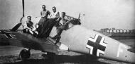 Asisbiz Messerschmitt Bf 109E factory Erla VII test pilot 2nd left Hans Fay 01