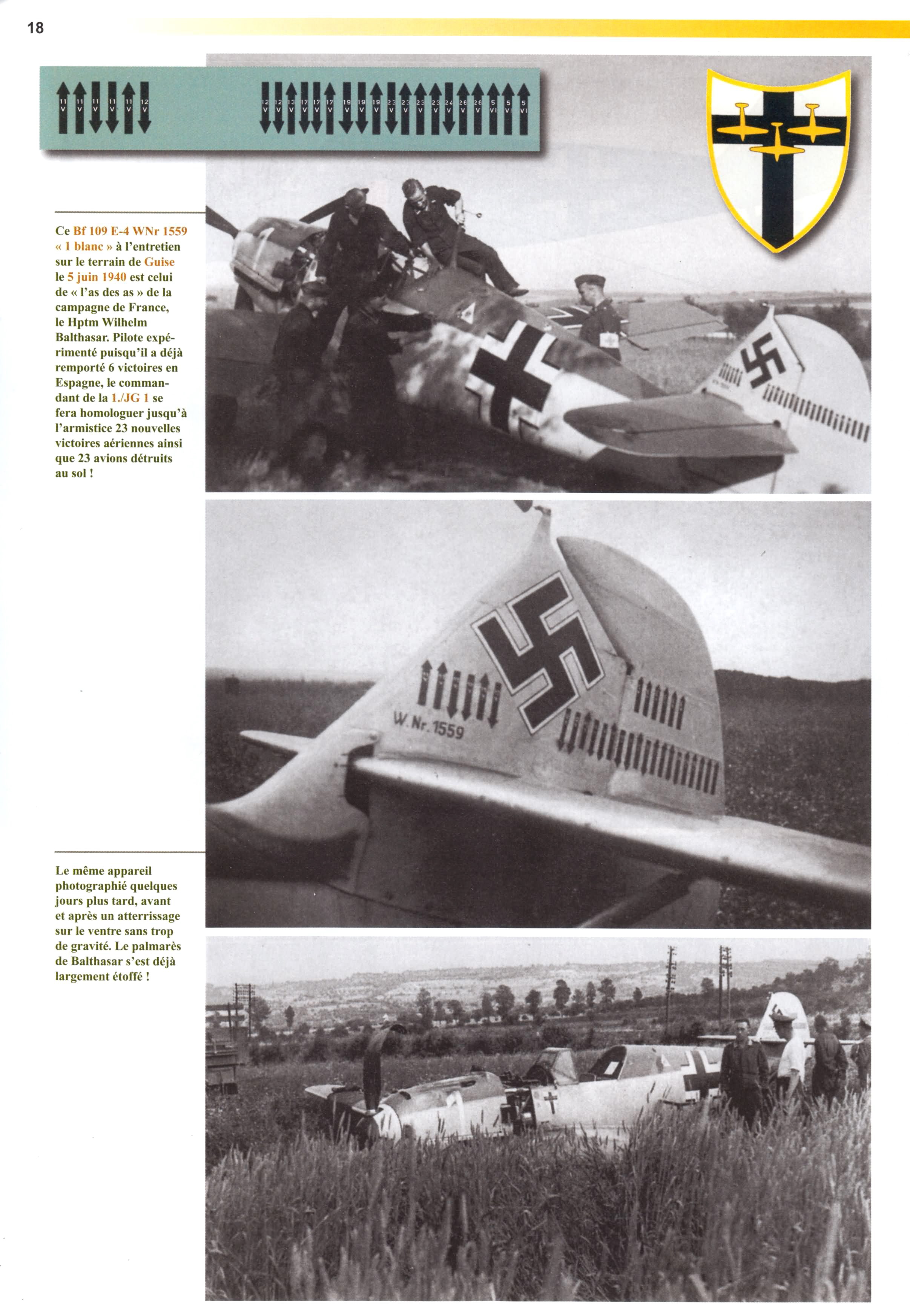 Messerschmitt Bf 109E4 1.JG1 White 1 Wilhelm Balthasar 1940 Avions 189