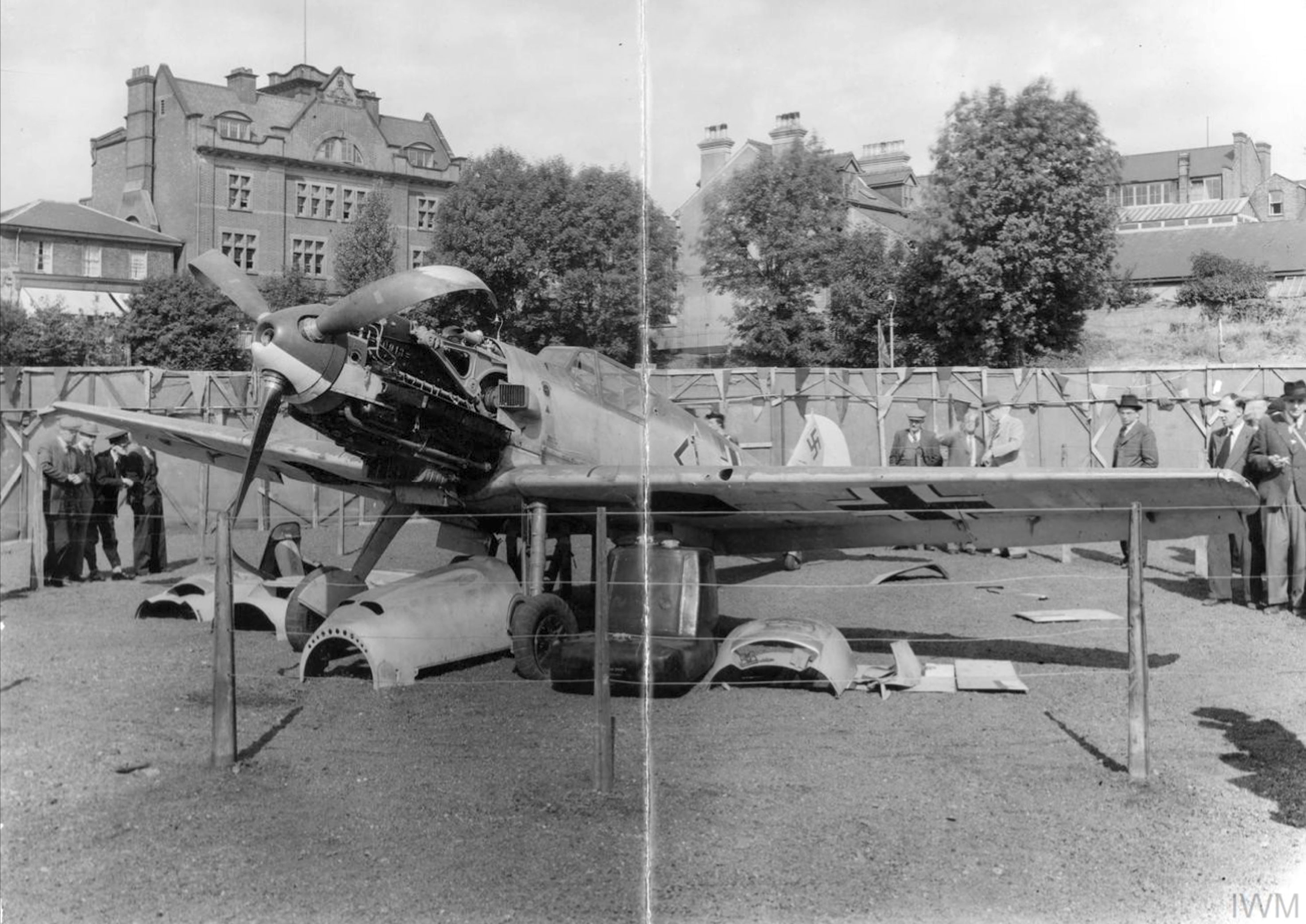 Messerschmitt Bf 109E1 Stab III.JG26 Werner Bartels WNr 6296 on display at Croydon Aug 1940 IWM HU106340