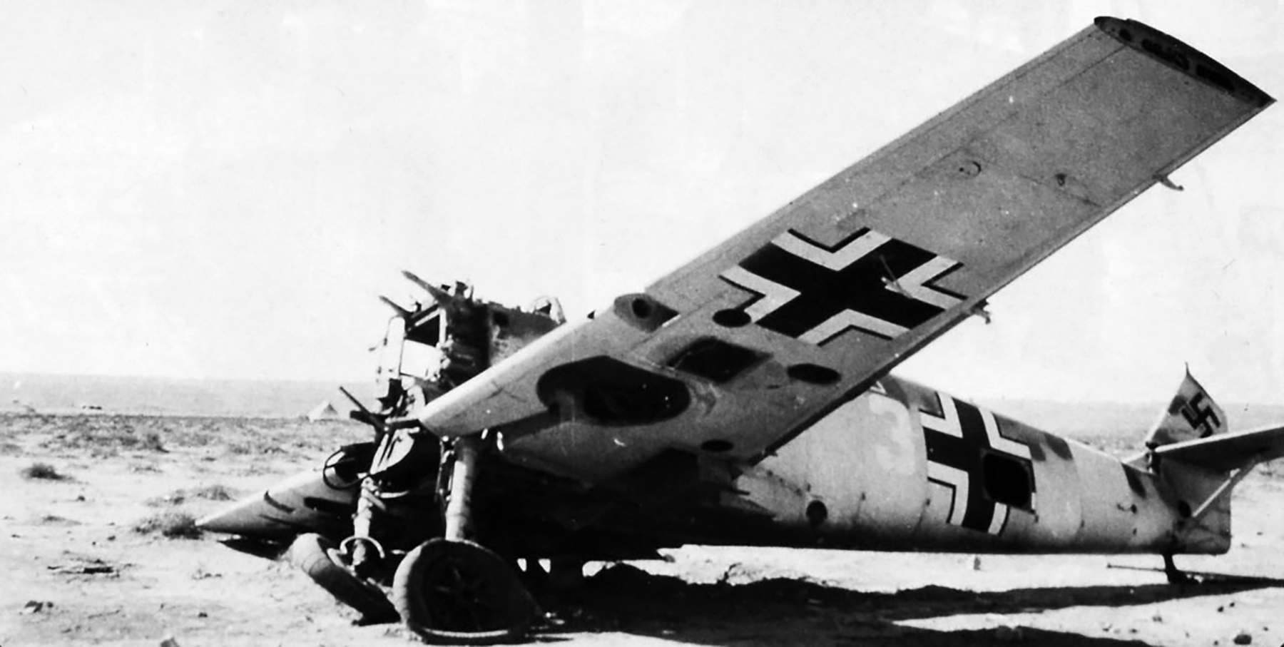 Messerschmitt Bf 109E7Trop 1.JG27 White 3 abandoned airframe North Africa 1942 01