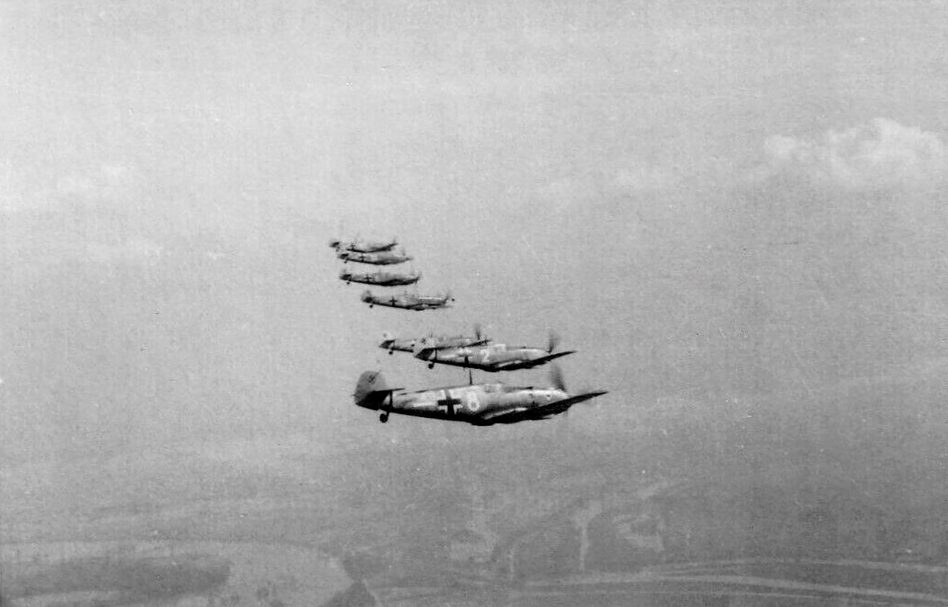 Messerschmitt Bf 109E3 4.JG53 White 8 and White 2 in a formation flight over France May 1940 01
