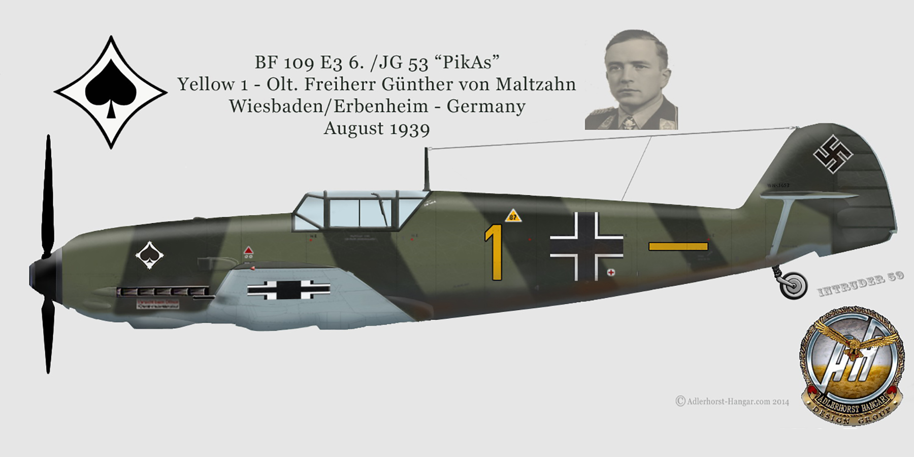Messerschmitt Bf 109E3 6.JG53 Yellow 1 Freiherr Gunther von Maltzahn Stkn Wiesbaden Erbenheim 1939 0A