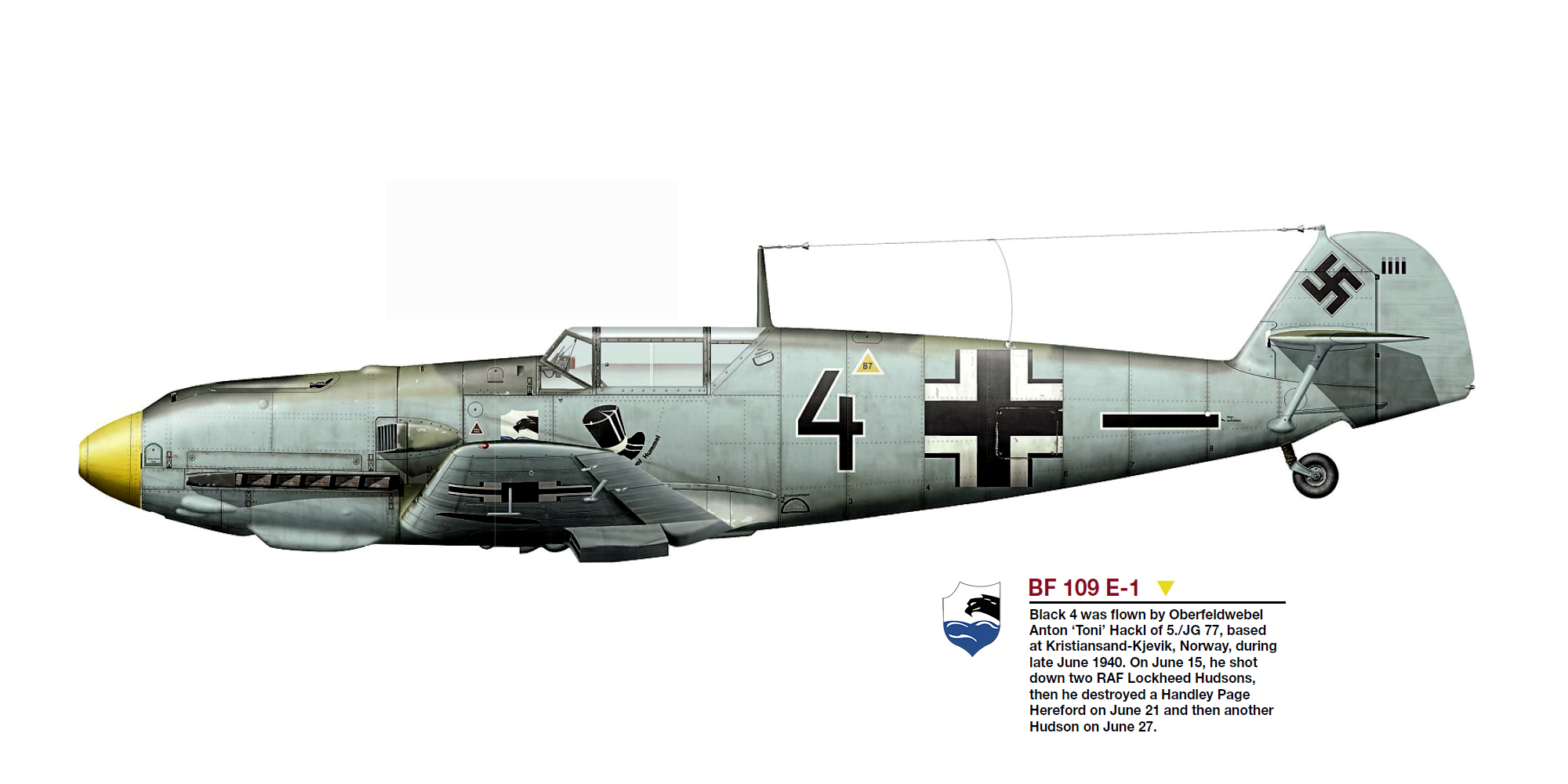Messerschmitt Bf 109E1 5.JG77 Black 4 Anton Hackl Kristiansand Kjevik Norway Jun 1940 0B