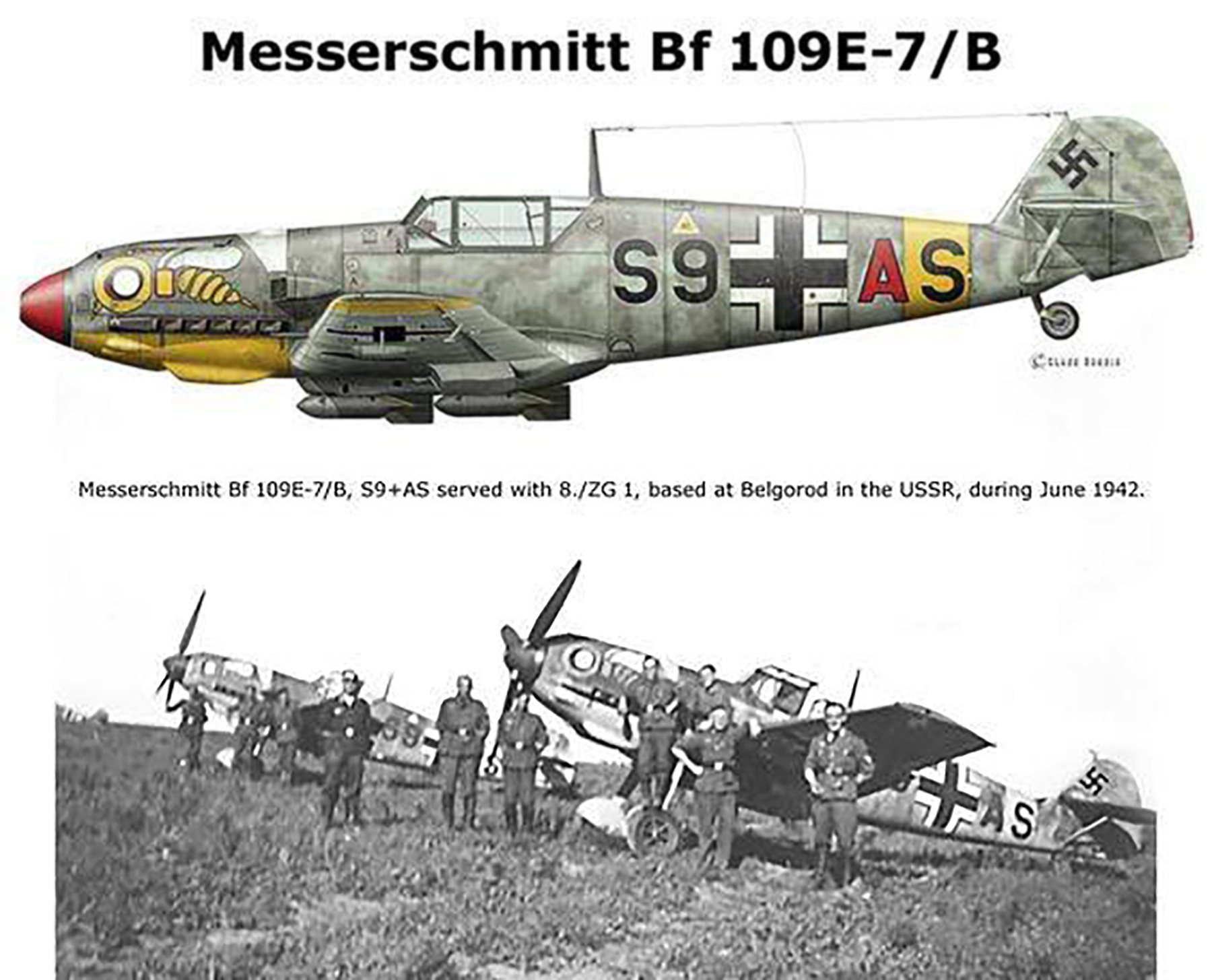 Messerschmitt Bf 109E7B 8.ZG1 S9+AS Lechfeld to Belgorod May 1942 transfd Kuteinikovo Jul 0A
