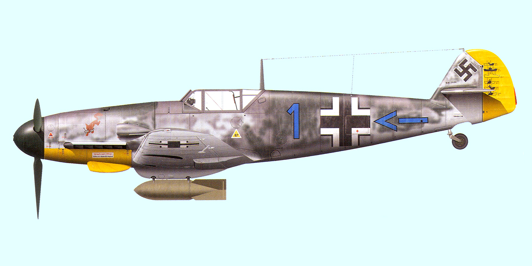 Messerschmitt Bf 109F4B 10.JG2(Jabo) Blue 1 Frank Liesendahl WNr 7629 France 1942 0A