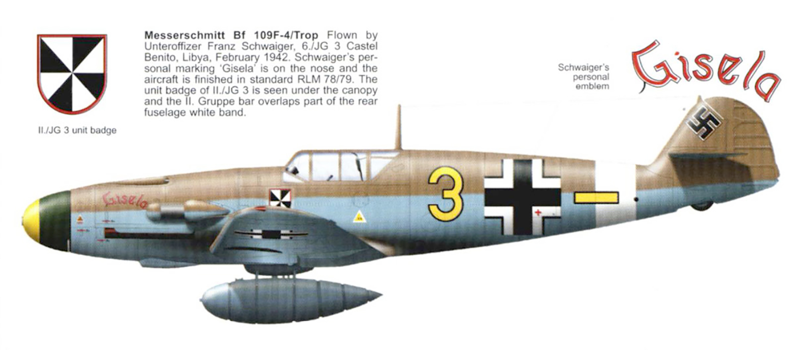 Messerschmitt Bf 109F4Trop 6.JG3 Yellow 3 Franz Schwaiger Libya Feb 1942 0B