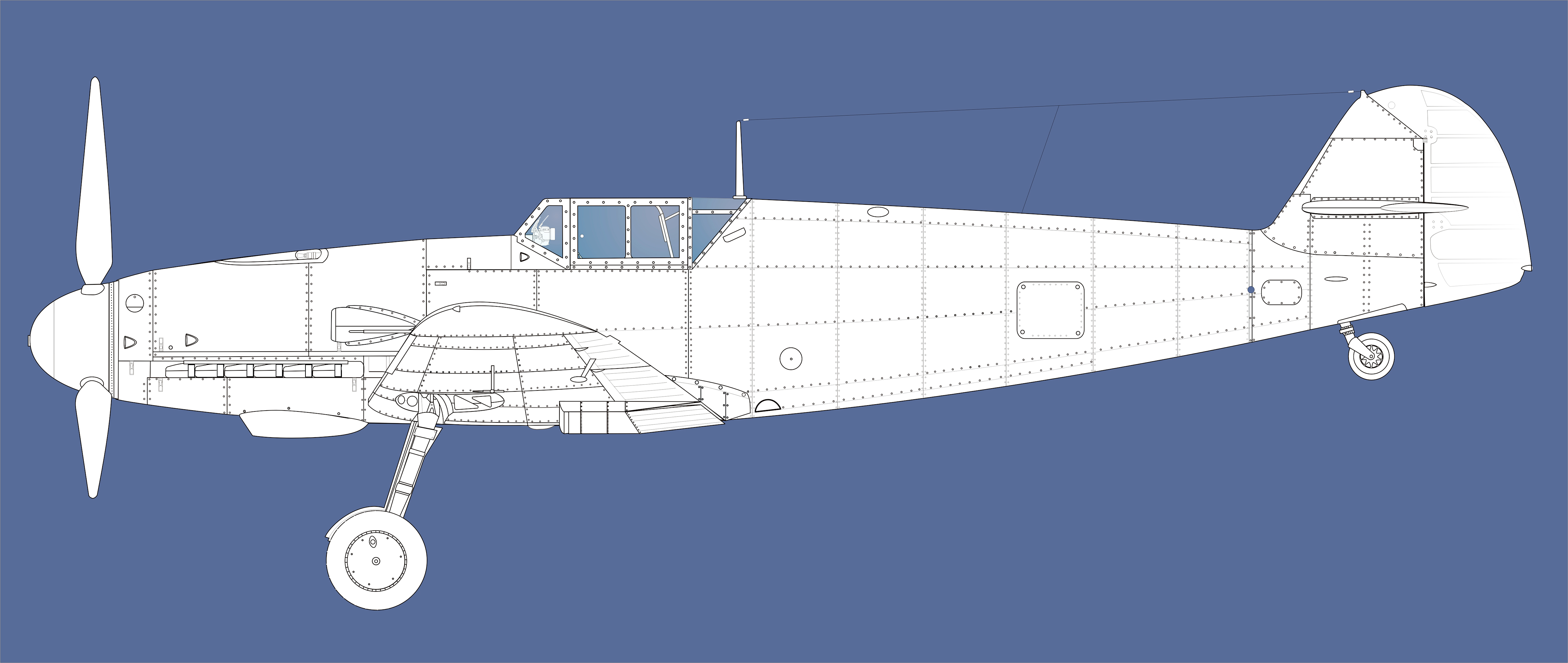 Artwork Messerschmitt Line drawing Bf 109G2 Large Blue print 01