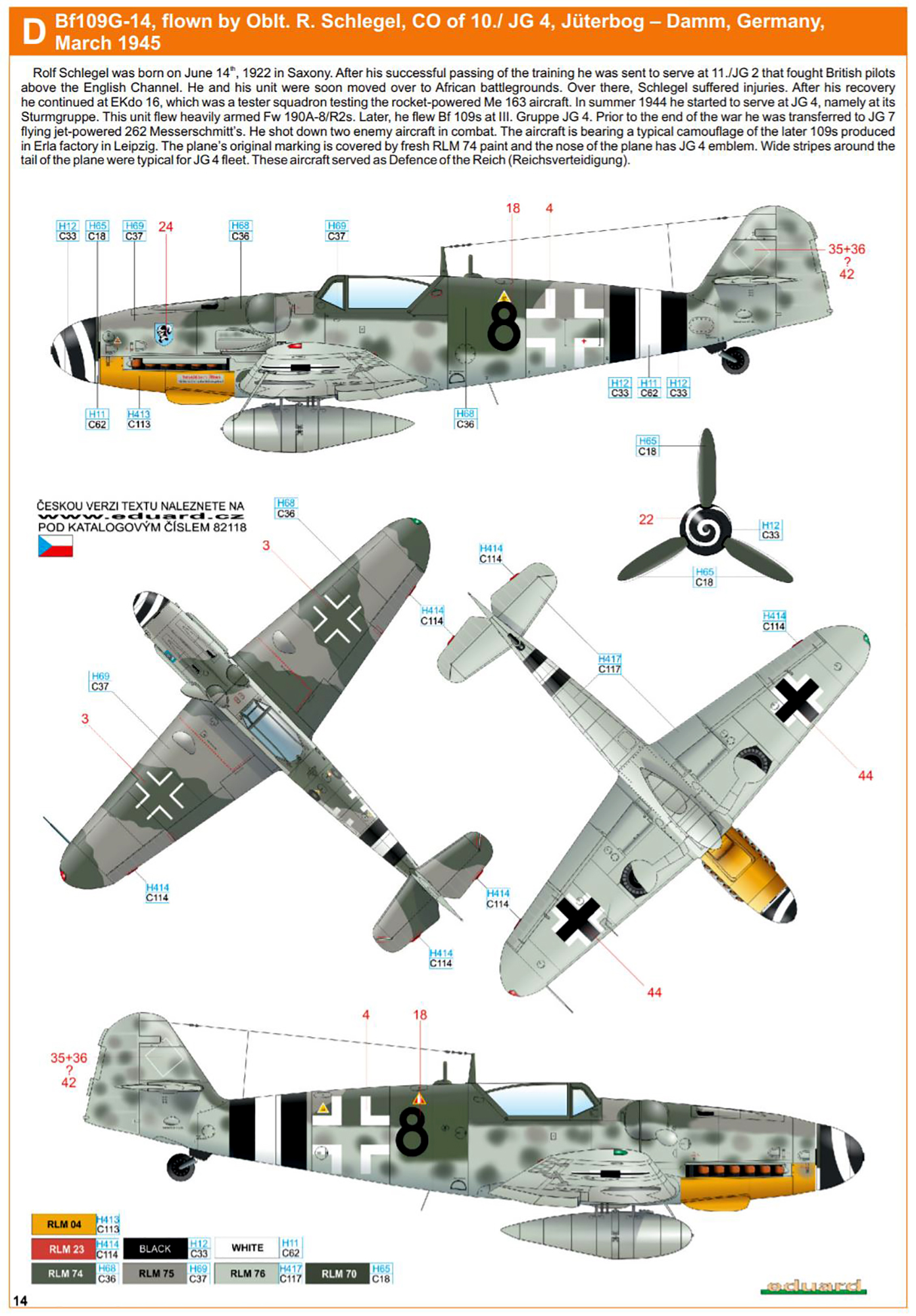 Messerschmitt Bf 109G14 Erla 10.JG4 Black 8 Rolf Schlegel Juterbog Germany Mar 1945 0E