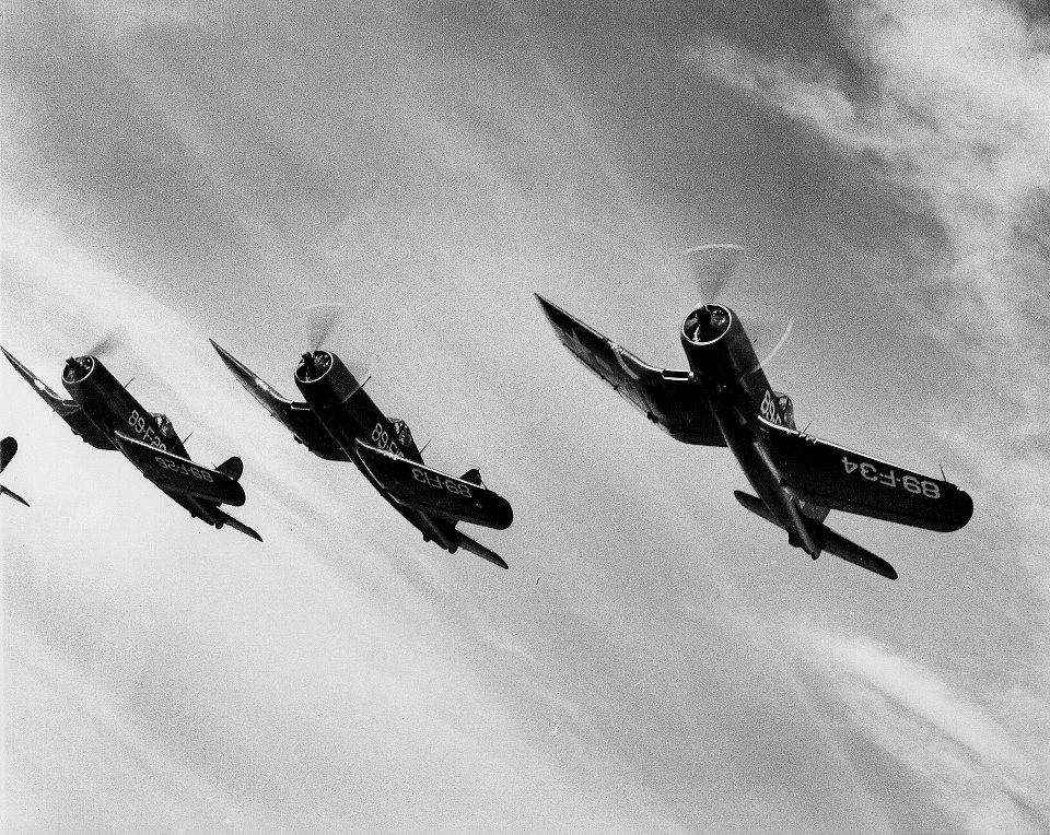 Vought F4U-1A Corsair VBF 89 White 89F34 89F13 89F26 and 89F7 in flight near Atlantic City NJ 02