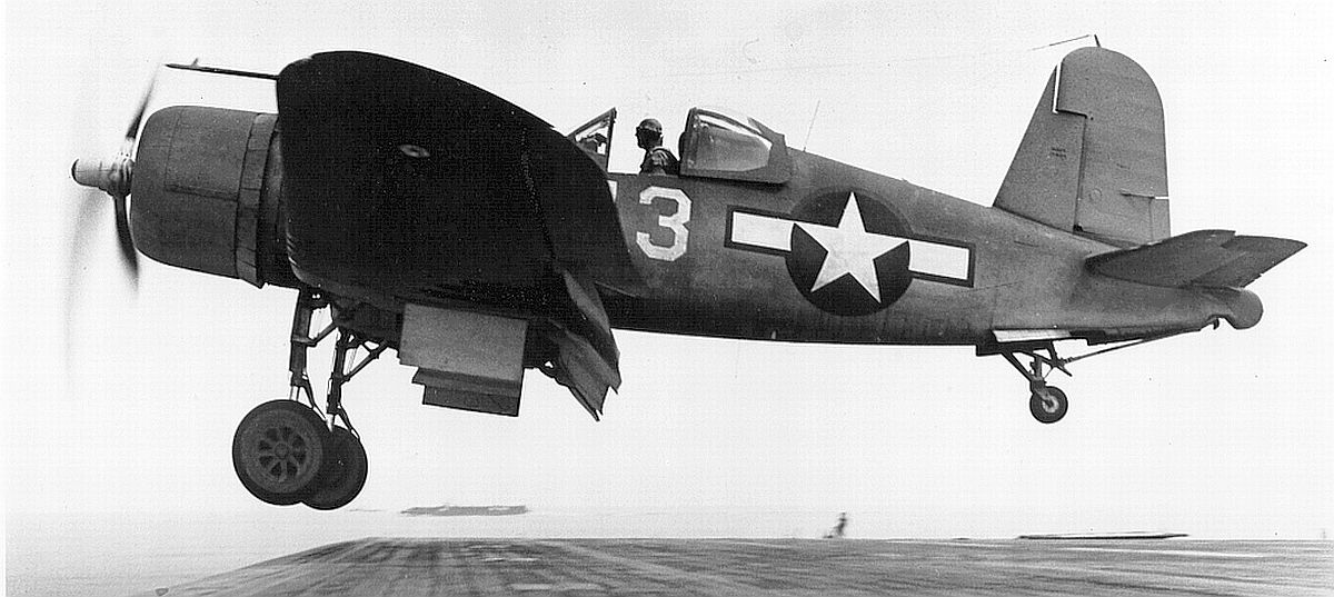 Vought F4U-1A Corsair White x3 taking off from a carrier 1943 01