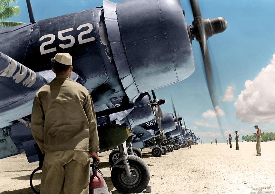 Vought F4U-1A Corsairs White 252 272 and 267 preparing for take off Majuro Marshall Islands 1944 01