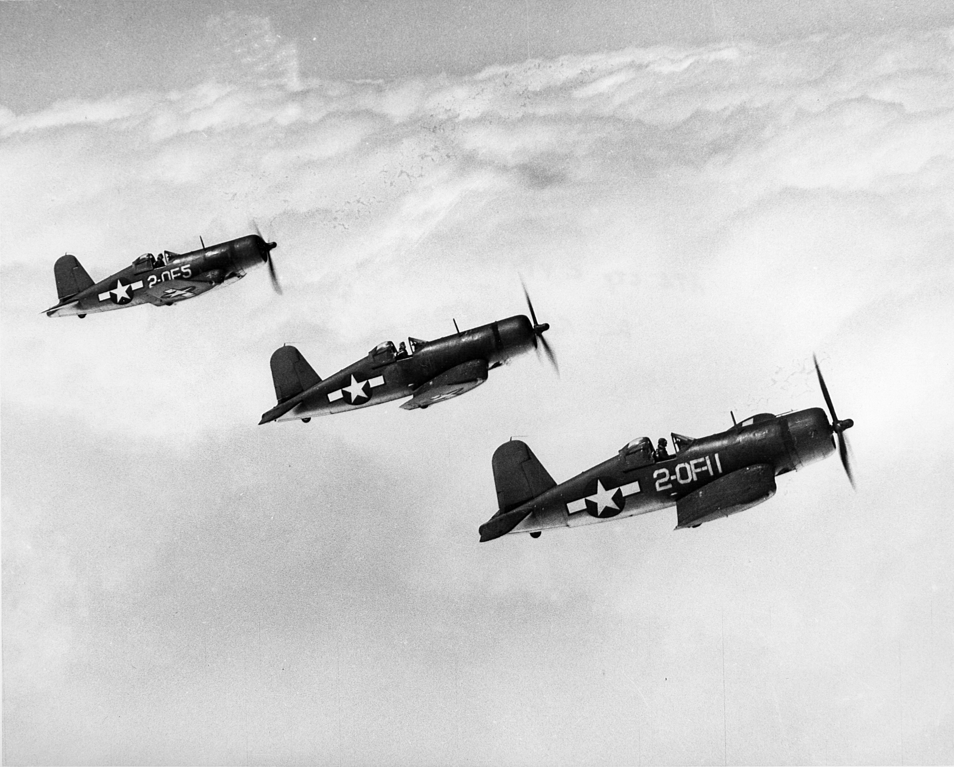 Vought F4U-1D Corsair VOF 2 White 20F11 and 20F5 are in flight formation near Atlantic City NJ 01