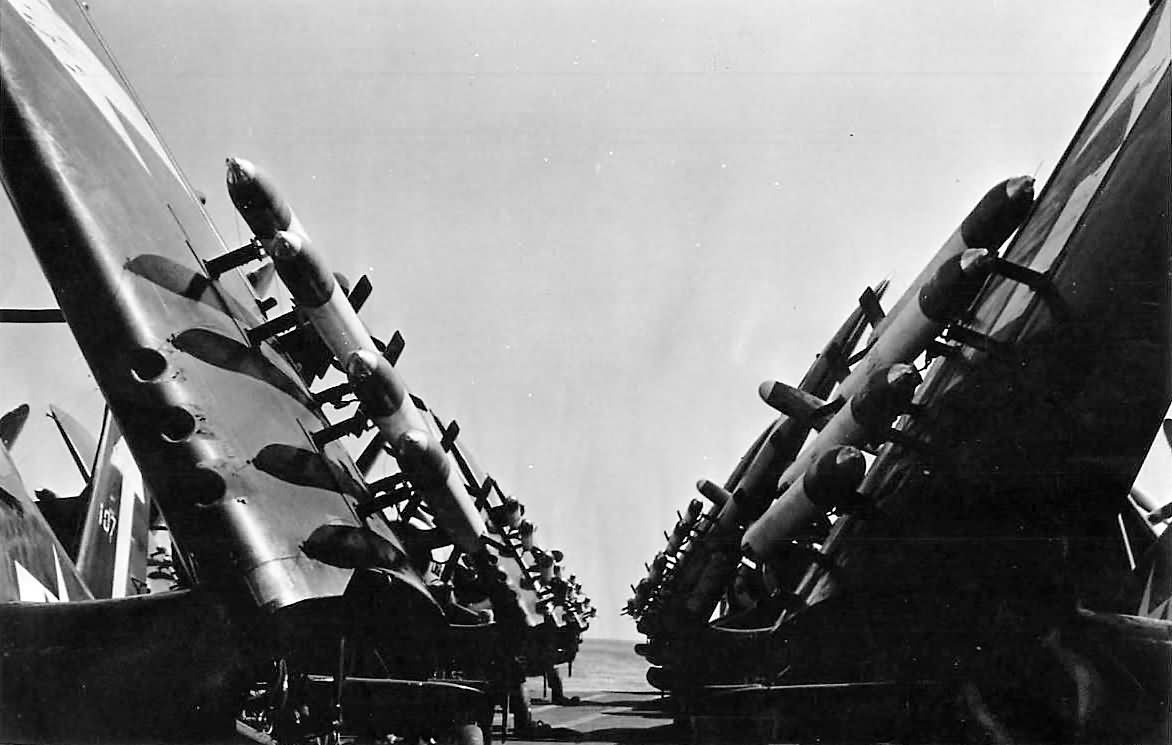 Vought F4U-1D Corsairs VF-84 VMF-221 VMF-451 aboard Aircraft Carrier USS Bunker Hill 1945 01
