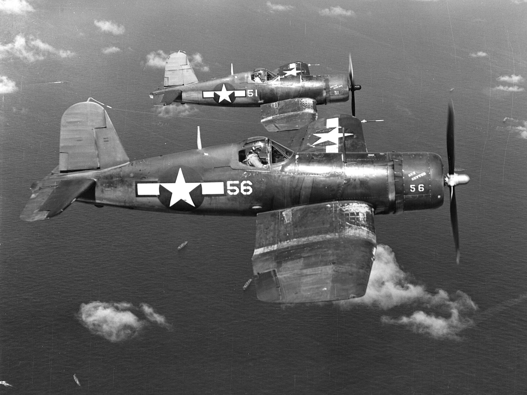 Vought F4U 1A Corsair VMF 113 White 56 named Sun Setter and 51 USS Essex Eniwetok Marshall Isl Jul 1944 01