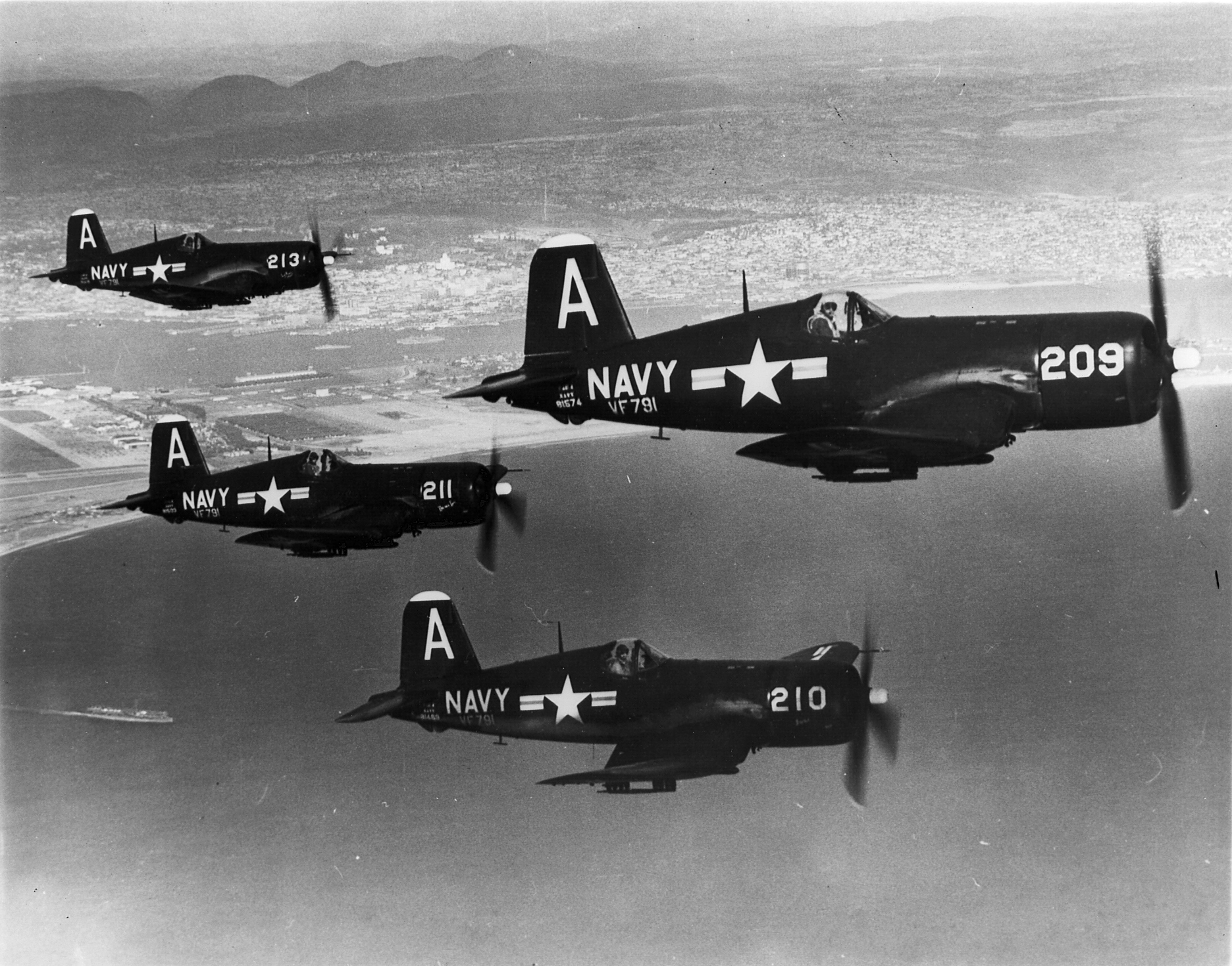 Vought F4U 4 Corsair VF 791 White A209 BuNo 81574A211 and A213 USS Boxer Korea Jul 1950 01