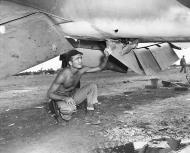 Asisbiz Aircrew US Marine Pilot Lt Lowell Wilkerson checks damage to a Corsair caused by Human Bomb Guam 1944 01