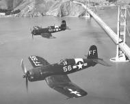 Asisbiz Goodyear FG 1D Corsair NARTU White FF56 and FF58 flying past the Golden Gate Bridge Oakland Reserve 01