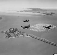 Asisbiz Vought F4U 4 Corsair NART White F85 F6F Hellcat F27 and FJ 1 Fury F101 over Bay Bridge San Francicso Bay 01