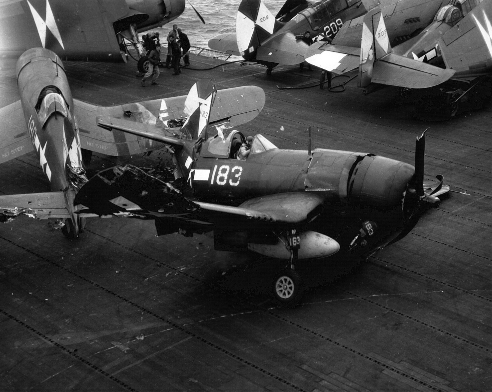 Vought F4U 1D Corsairs VBF 83 White 183 crashing into 180 aboard CV 9 USS Essex 1945 01