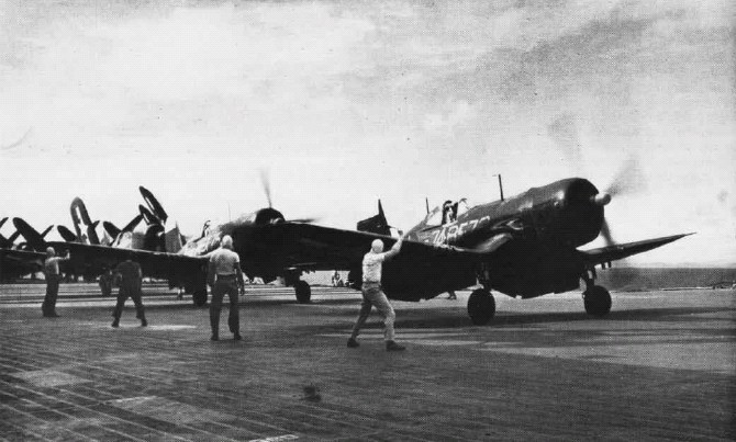 Vought F4U 4 Corsairs VBF 74 about to launch from CVB 41 USS Midway 01