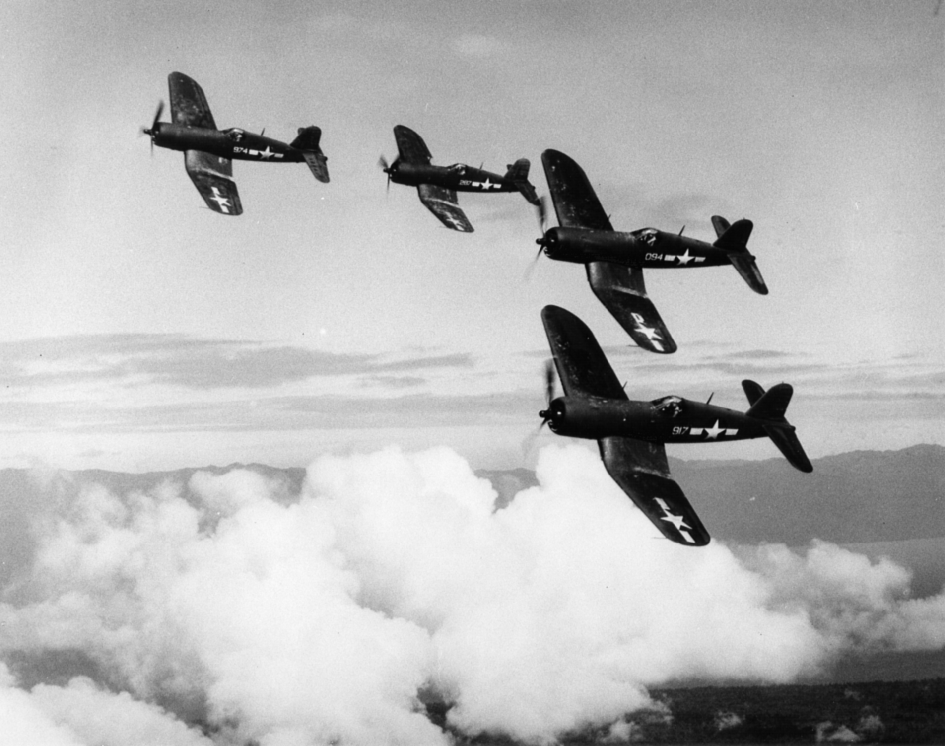 Vought F4U 4 Corsairs VMF 212 White 917 094 287 and 974 in close formation from MCAS Cherry Point NC 01