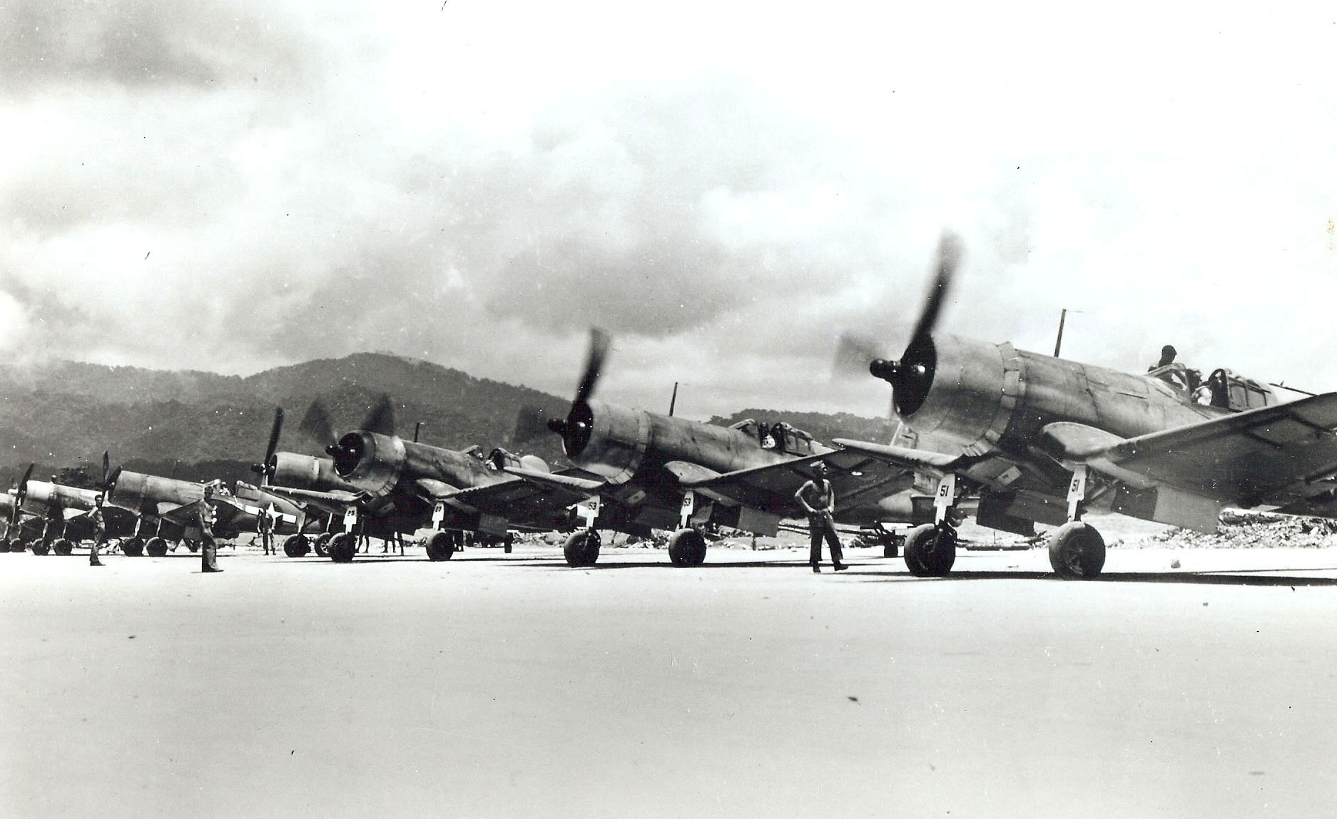 Vought F4U 1 Corsairs ready for take off from the Solomon Islands on 1st Nov 1943 01
