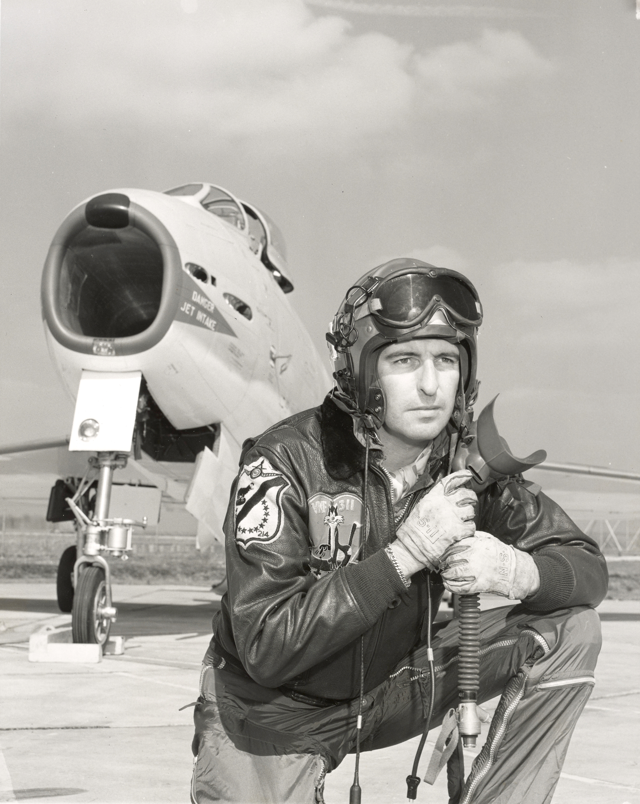 Aircrew HQMC pilot Maj Alexander Rocky J Gillis with FJ 4 Fury at NAS Patuxent River Md Mar 1956 01