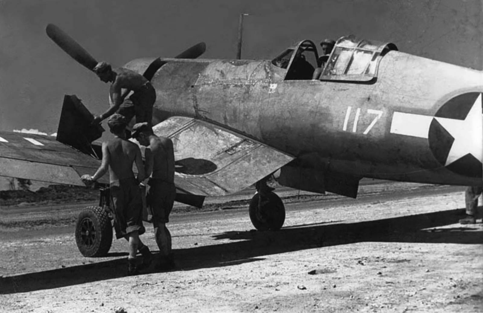 Vought F4U 1 Corsairs VMF 216 White 117 parked at Cape Torokina Bougainville 1943 01