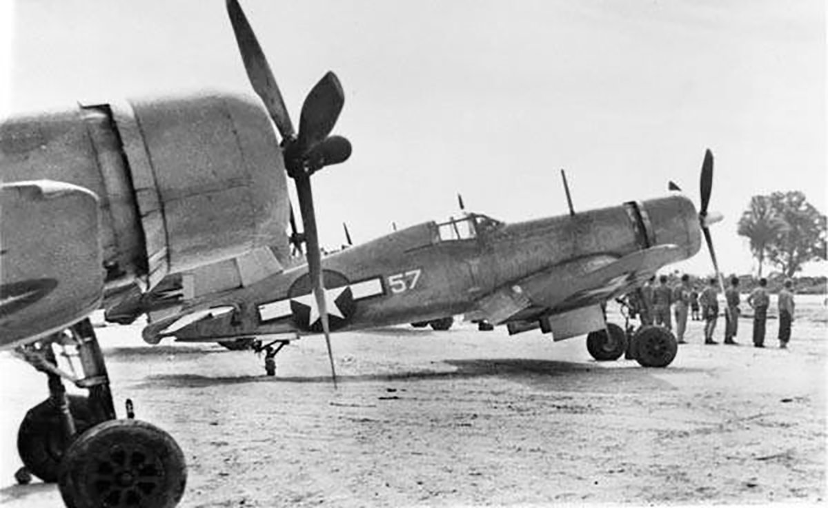 Vought F4U 1 Corsairs VMF 216 White 57 parked at Cape Torokina Bougainville 1943 01
